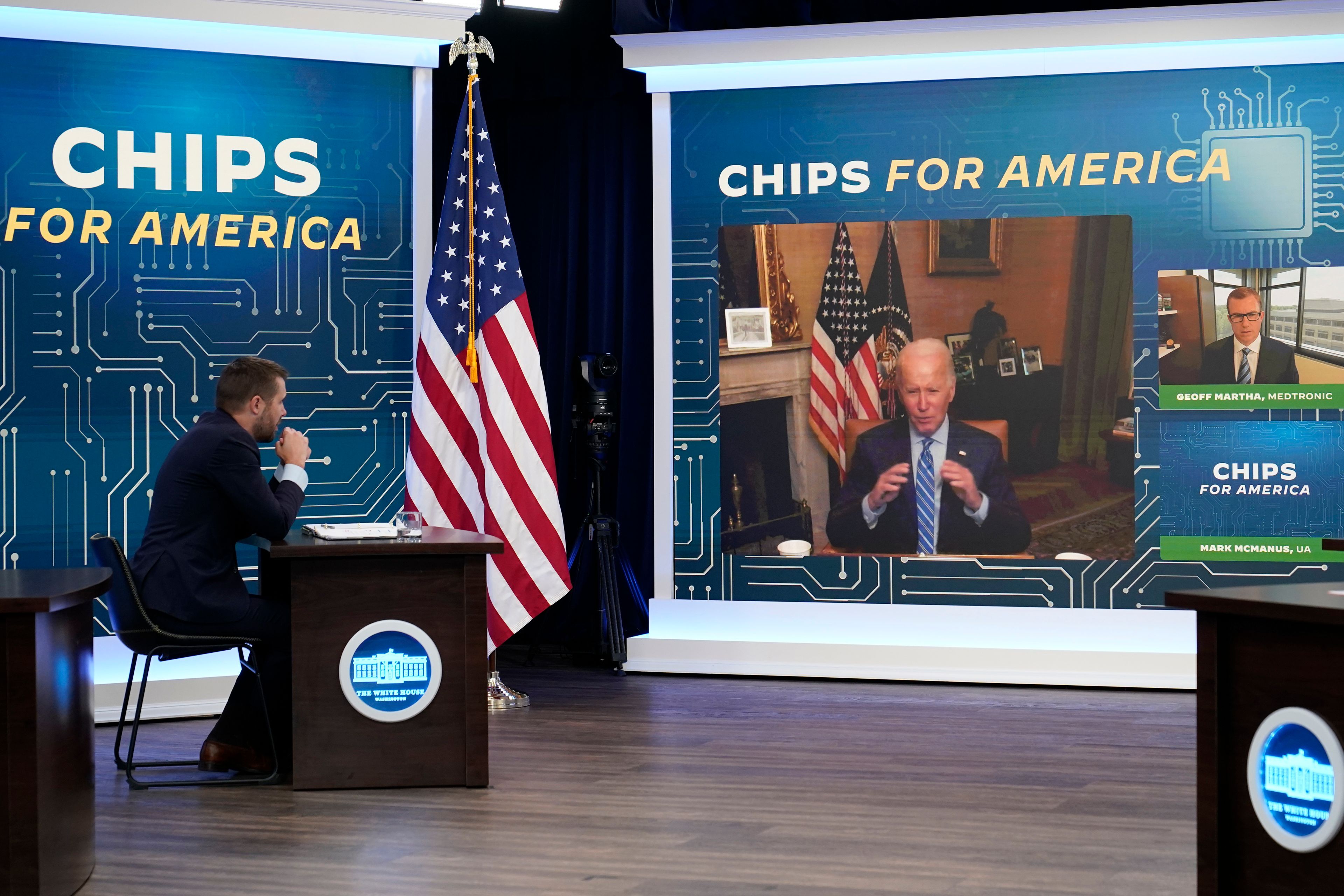 Susan Walsh/Associated Press President Joe Biden speaks virtually Monday during an event in the South Court Auditorium on the White House complex in Washington, D.C.