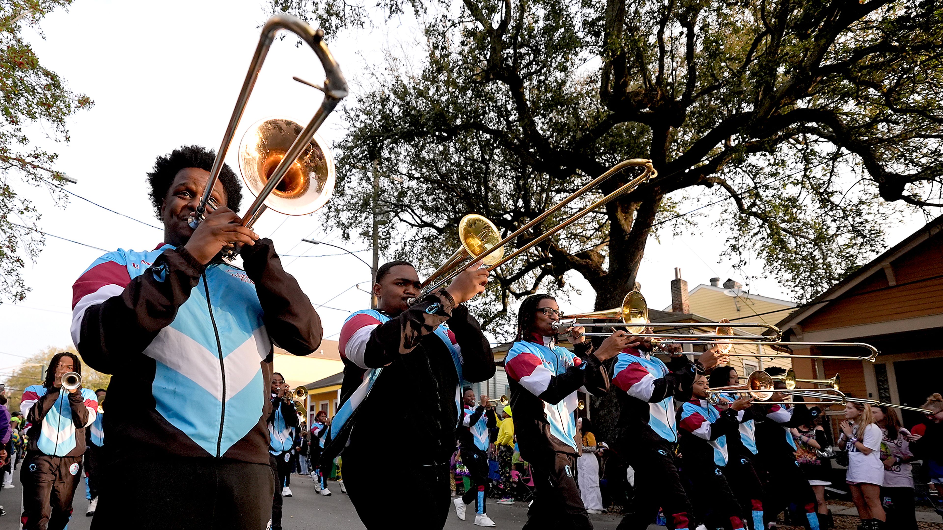 Members of the Talladega College band perform during the Zulu parade on Mardi Gras Day, Tuesday, March 4, 2025 in New Orleans. (AP Photo/Gerald Herbert)