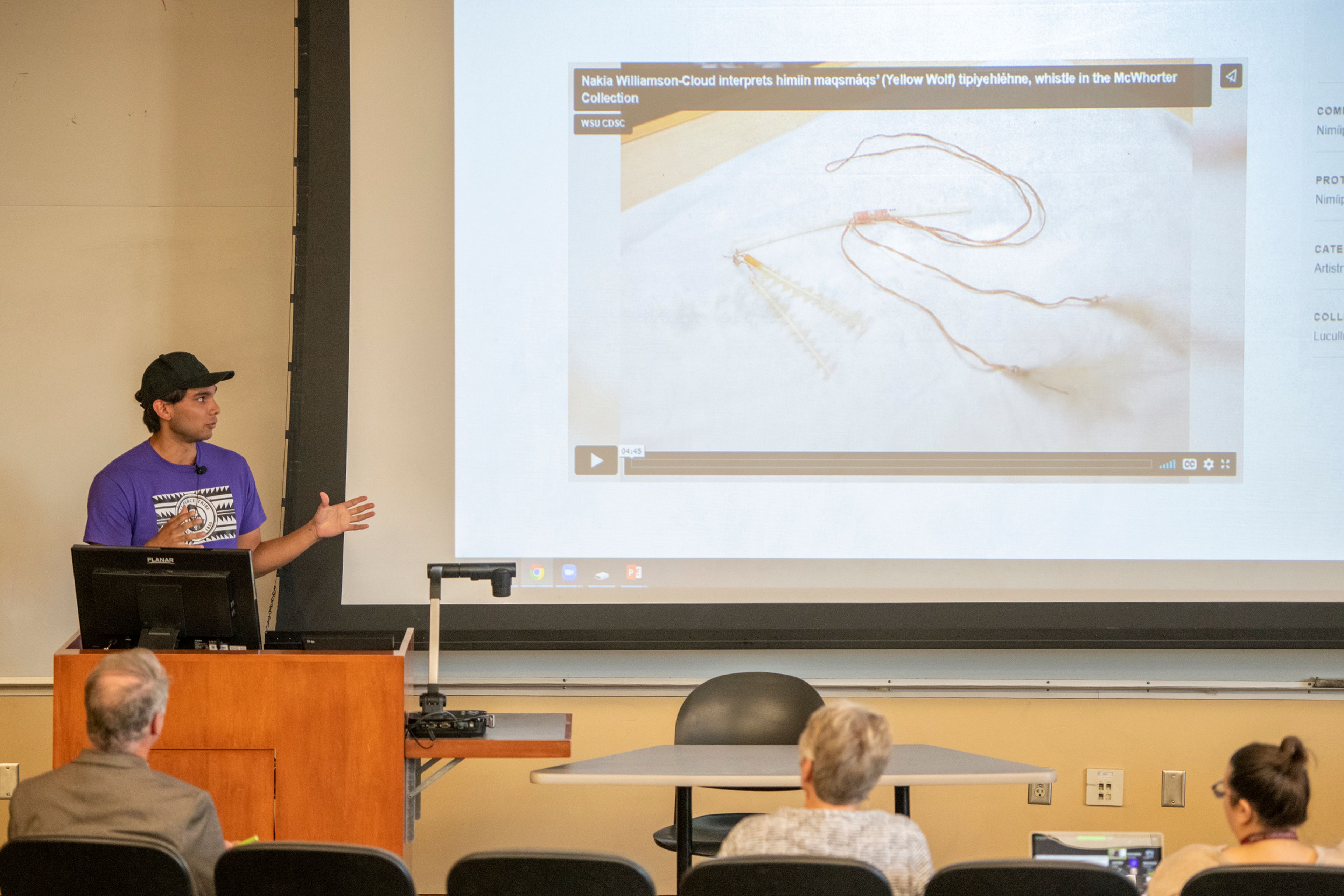 Washington State University student Payton Sobotta speaks to an audience as part of a panel on “Sharing Nimiipuu Traditional Knowledge on the Plateau Peoples’ Web Portal” for WSU’s Common Reading Program.