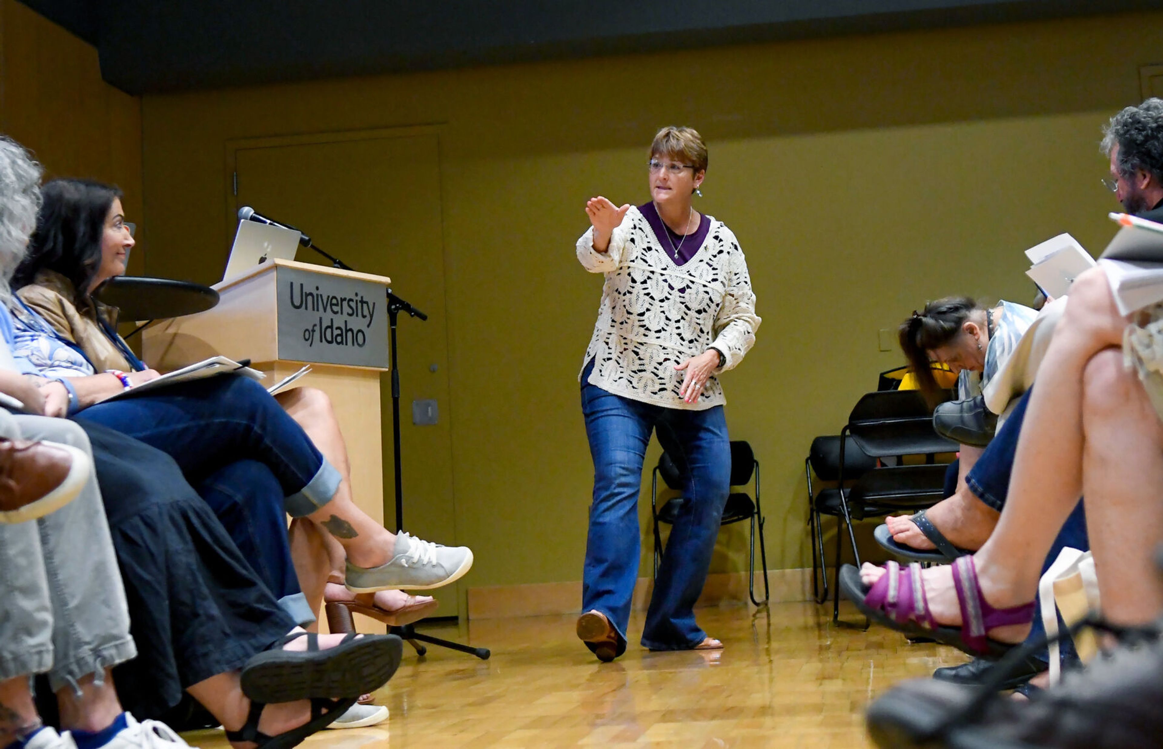 Melissa Wintrow, center, Minority Leader of the Idaho Senate, walks through the process of the Platform Hearing during the Idaho Democratic Convention on Saturday in Moscow.