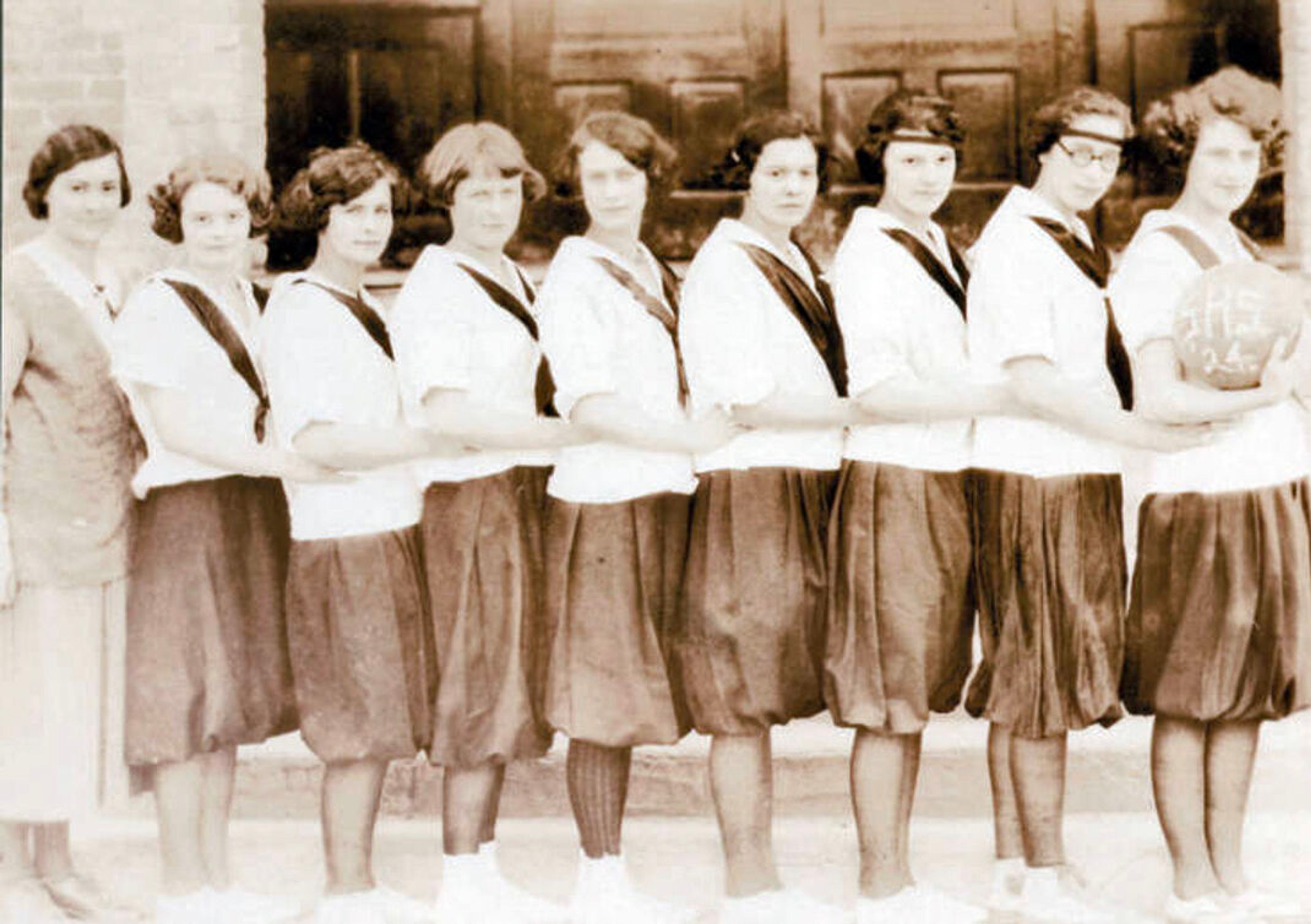 The Steptoe girls’ basketball team in 1924, the year it was founded by Miss Baird, far left. The team won two of the three games it played, defeating Garfield and St. John, but losing a rematch with St. John.