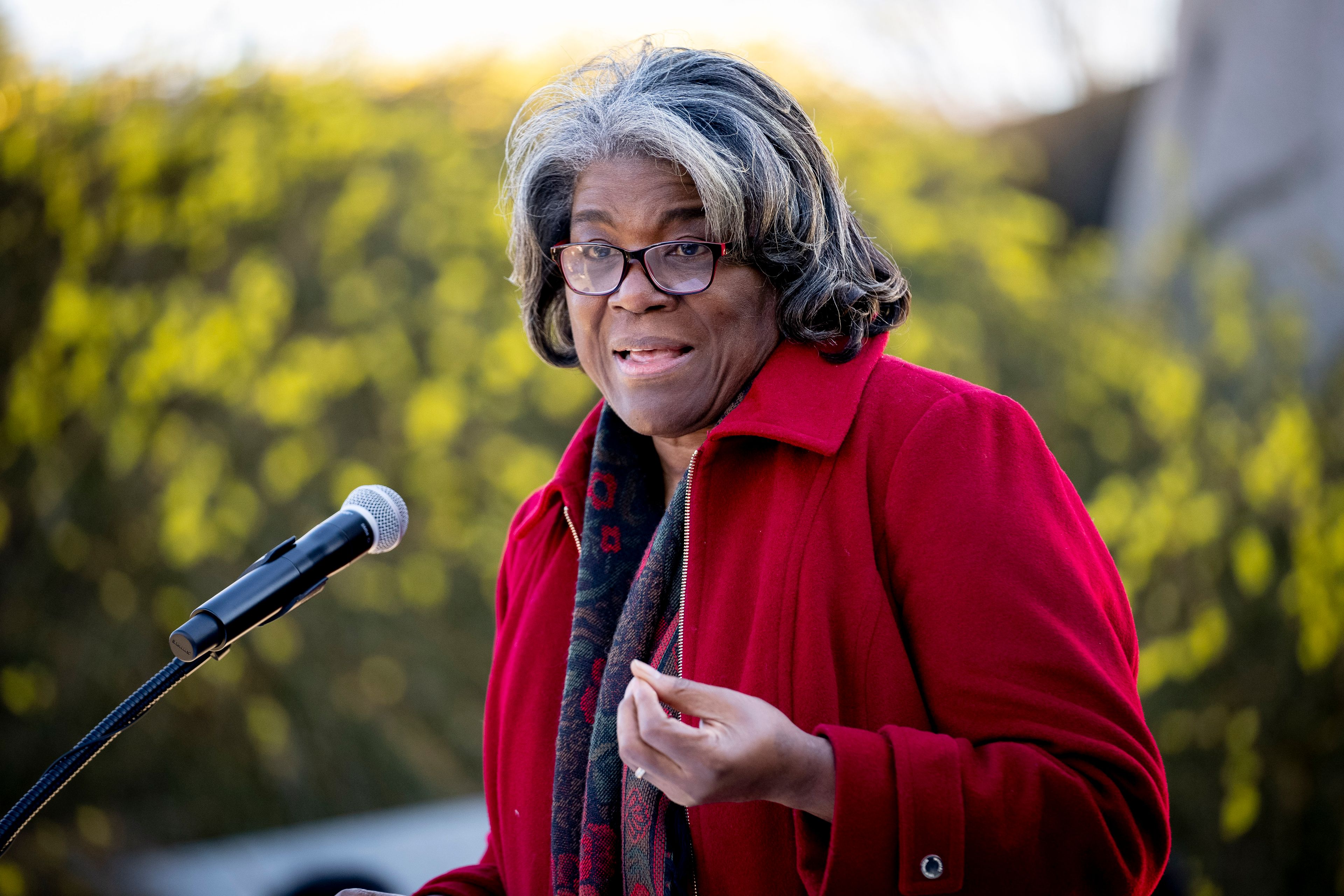 United States Ambassador to the United Nations Linda Thomas-Greenfield speaks during a wreath-laying ceremony at the Martin Luther King Jr. Memorial on Martin Luther King Jr. Day in Washington, Monday, Jan. 16, 2023. (AP Photo/Andrew Harnik)