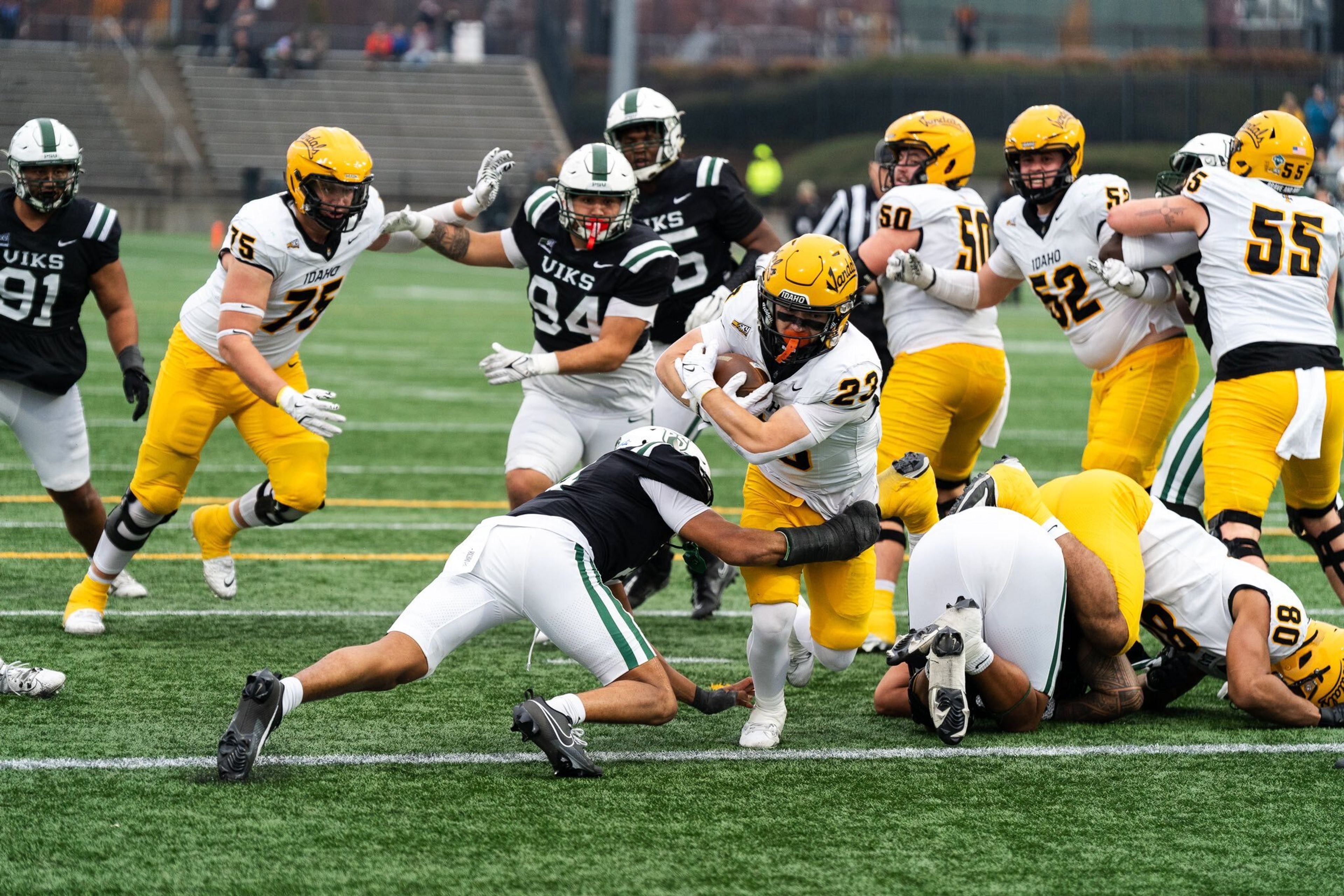 Idaho running back Art Williams, center, runs the ball against Portland State during a game Saturday in Hillsboro, Ore.