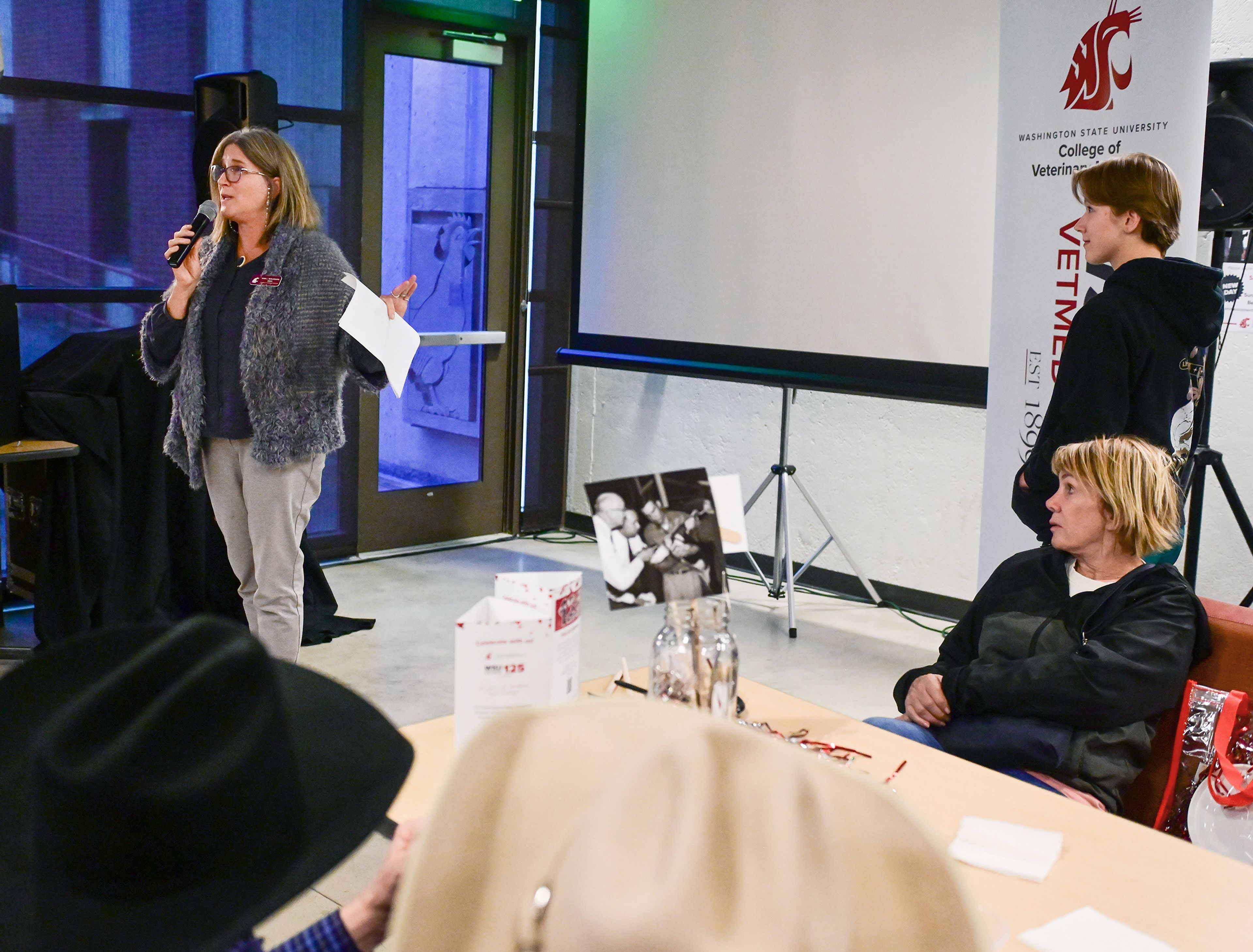 Washington State University College of Veterinary Medicine dean Dori Borjesson, left, speaks at a 125th celebration for the school Friday in Pullman.,