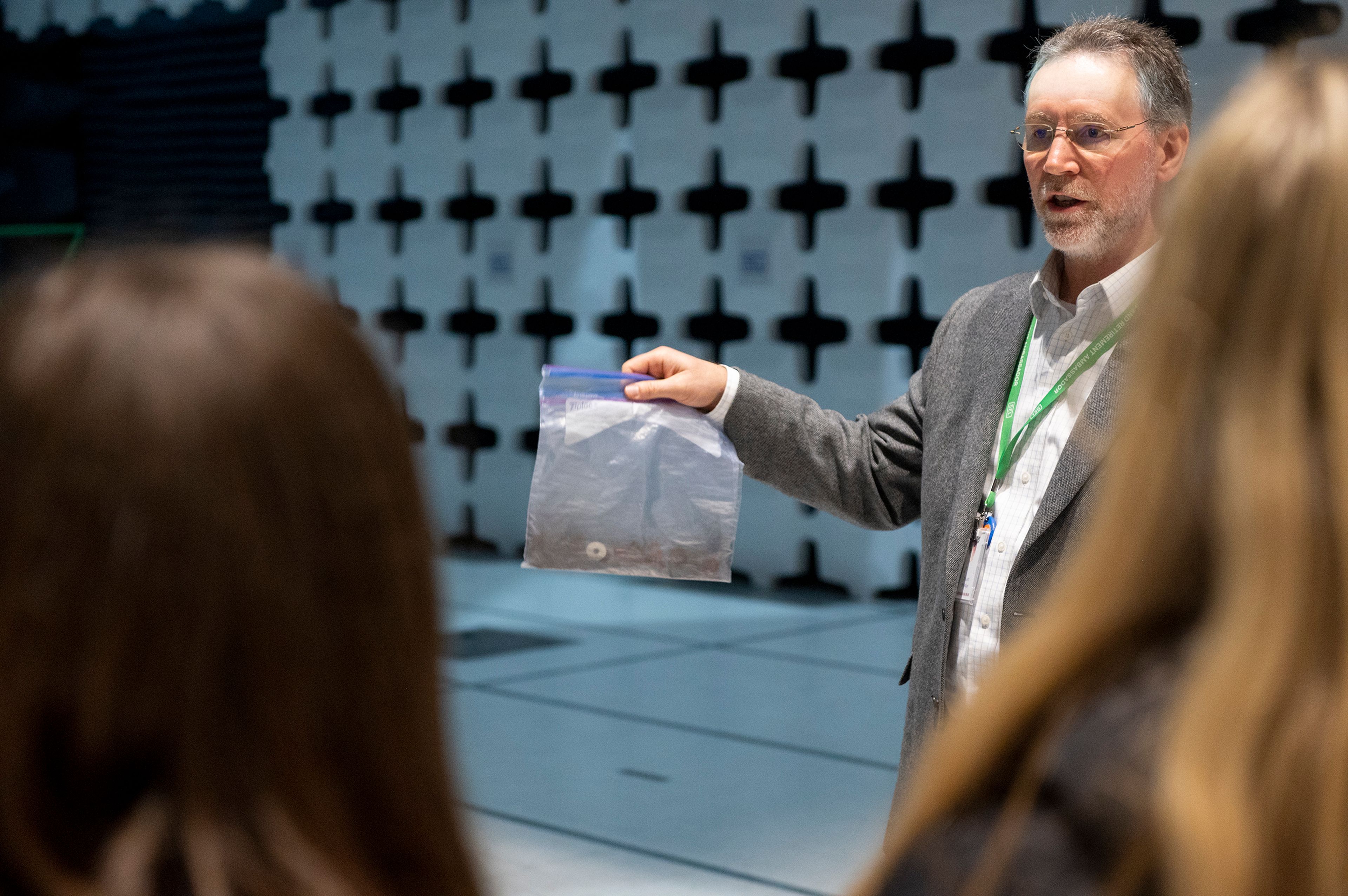 Senior Engineering Manager Scott Hodge shakes a bag of loose metal inside a radio frequency chamber Thursday during the annual Getting Ready for Engineering and Technology Day, or GREAT DAY at Schweitzer Engineering Laboratories in Pullman.