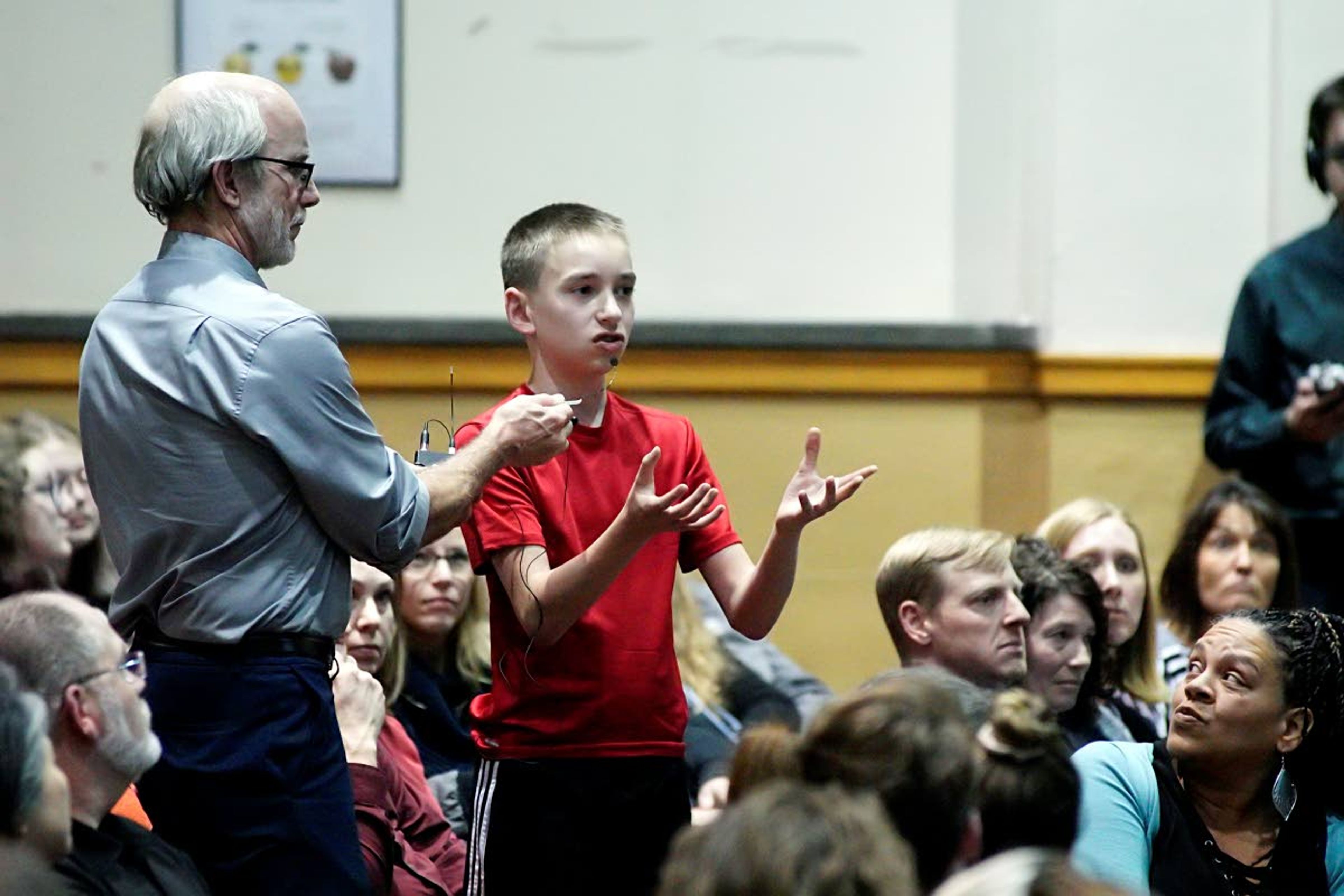 Moscow Middle School eighth-grade student Max Piper speaks during a Moscow School Board listening session Tuesday night regarding a new grading system in the district.