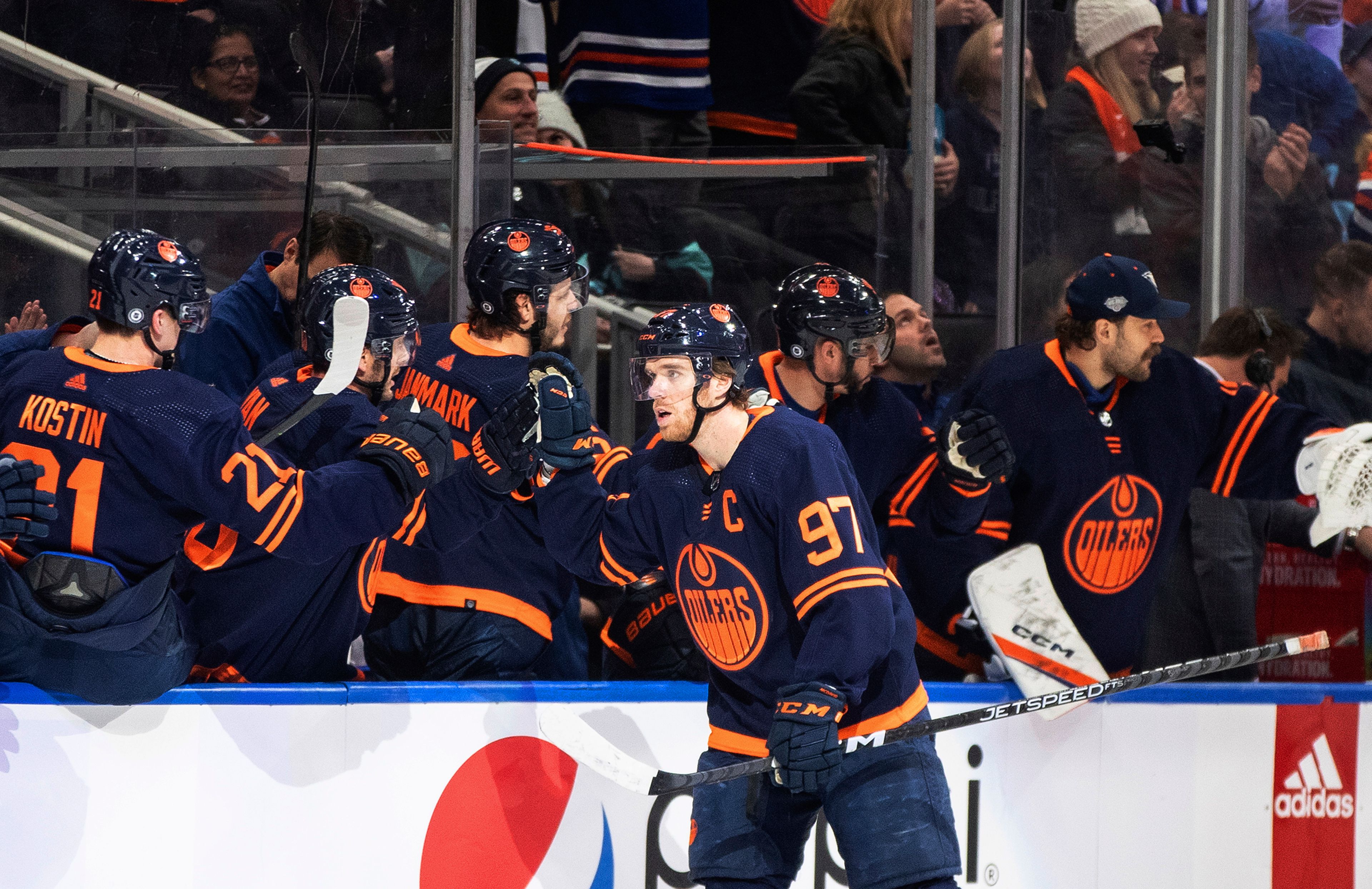 Edmonton Oilers' Connor McDavid (97) celebrates a goal against the Seattle Kraken during the first period of an NHL hockey game Tuesday, Jan. 17, 2023, in Edmonton, Alberta. (Jason Franson/The Canadian Press via AP)