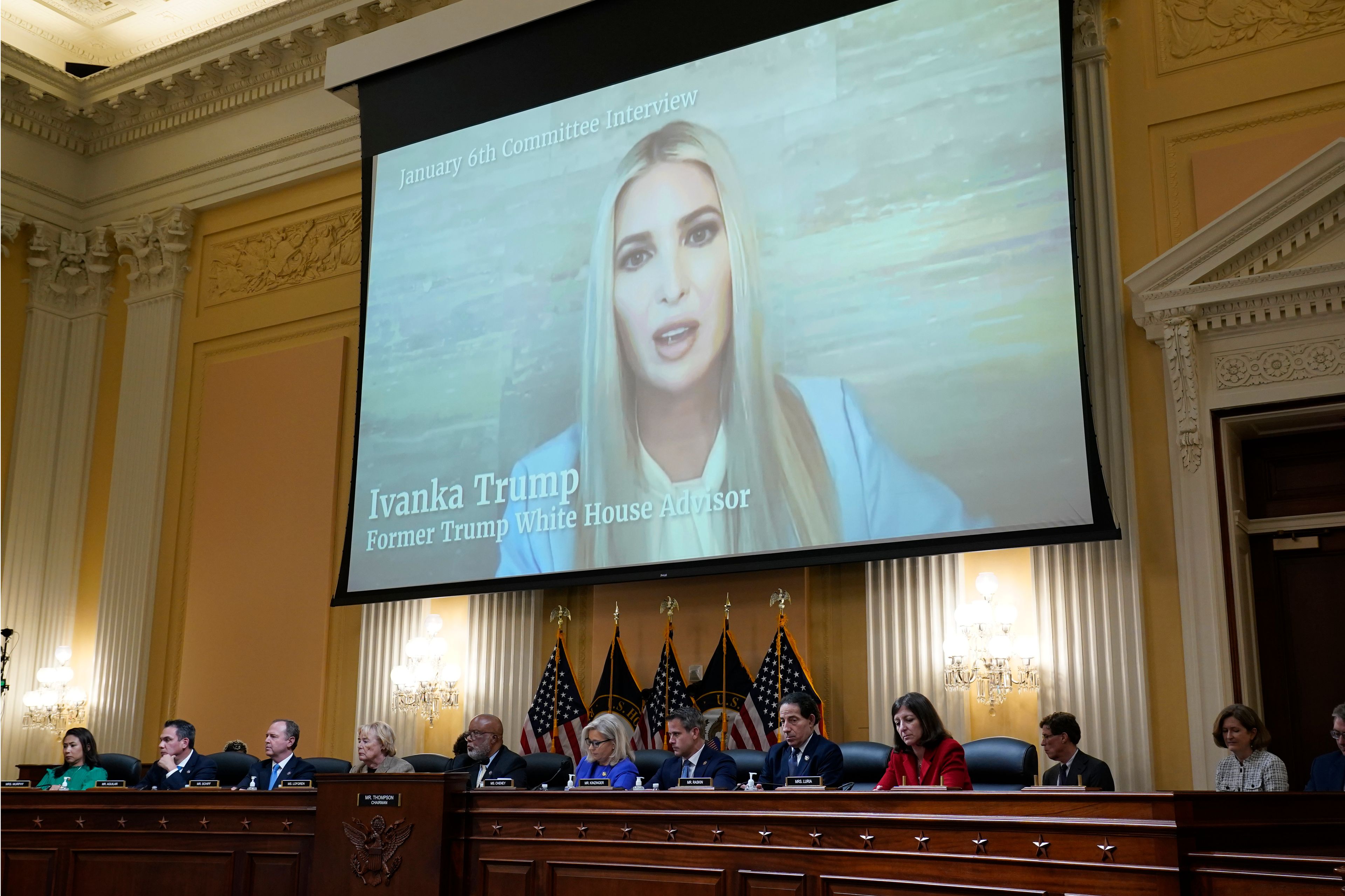 A video showing former White House Advisor Ivanka Trump speaking during an interview with the Jan. 6th Committee is shown as committee members from left to right, Rep. Stephanie Murphy, D-Fla., Rep. Pete Aguilar, D-Calif., Rep. Adam Schiff, D-Calif., Rep. Zoe Lofgren, D-Calif., Chairman Bennie Thompson, D-Miss., Vice Chair Liz Cheney, R-Wyo., Rep. Adam Kinzinger, R-Ill., Rep. Jamie Raskin, D-Md., and Rep. Elaine Luria, D-Va., look on, as the House select committee investigating the Jan. 6 attack on the U.S. Capitol holds its first public hearing to reveal the findings of a year-long investigation, at the Capitol in Washington, Thursday, June 9, 2022. (AP Photo/J. Scott Applewhite)