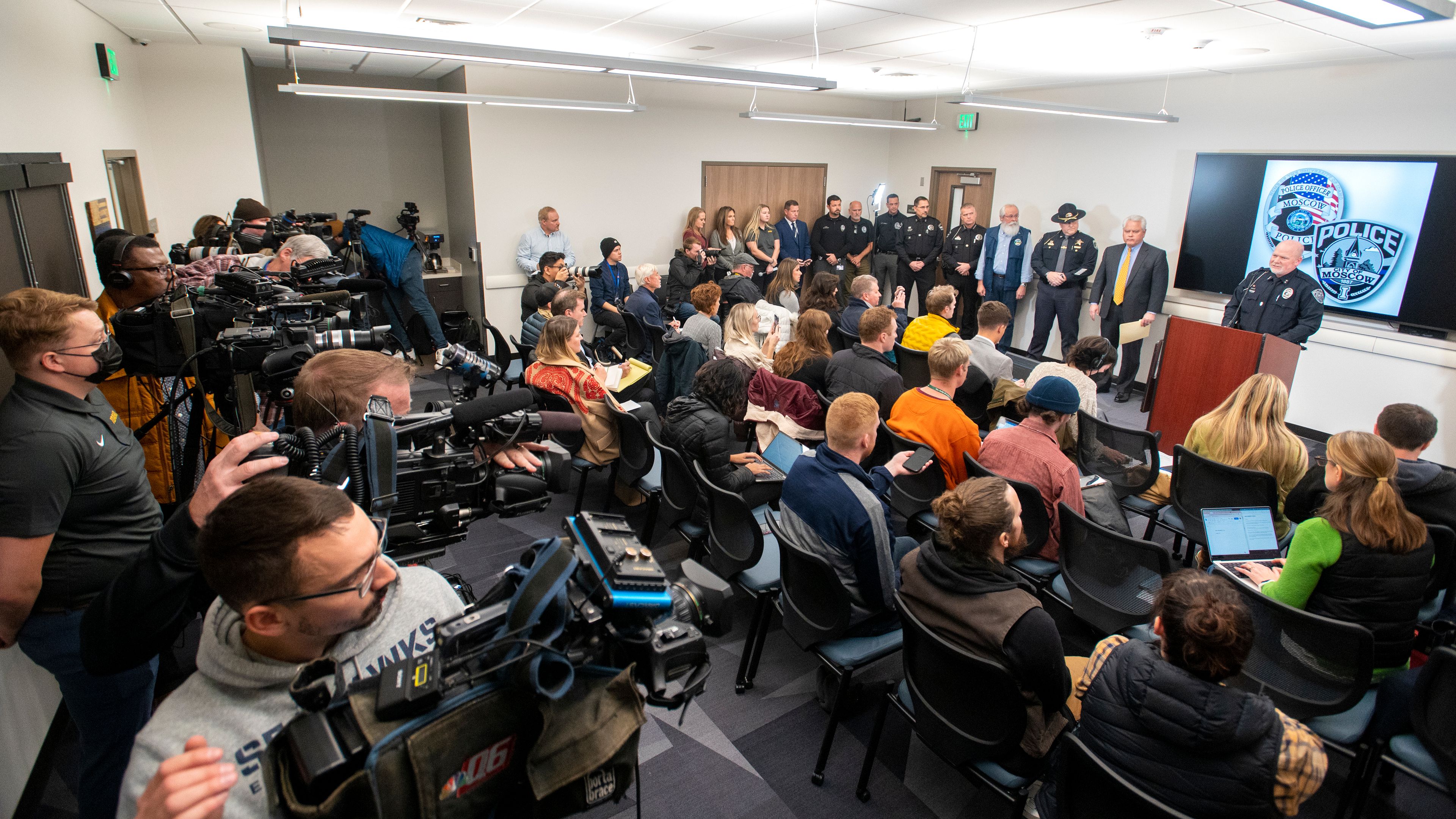 Media members gather as Chief James Fry speaks during a press conference about a quadruple homicide investigation involving four University of Idaho students at the Moscow Police Department on Wednesday.