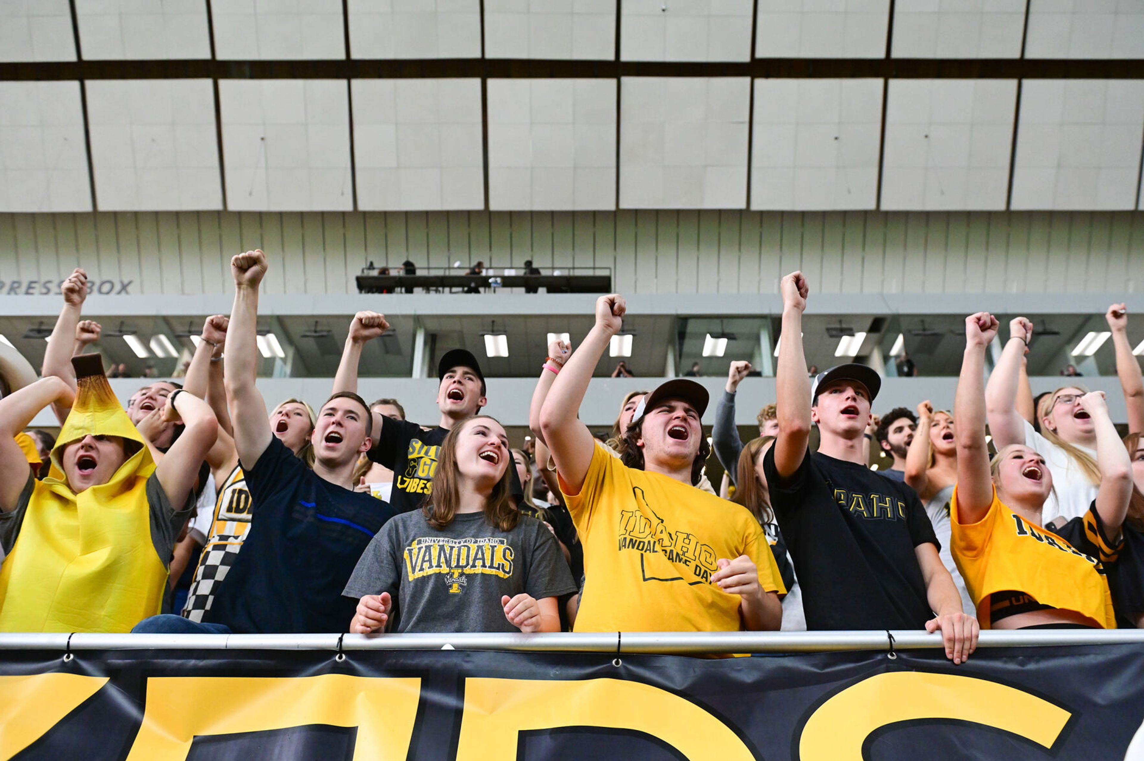 The student section for the Idaho Vandals cheer along to a school fight song after the team’s win over the Albany Great Danes Saturday at the P1FCU Kibbie Dome in Moscow.