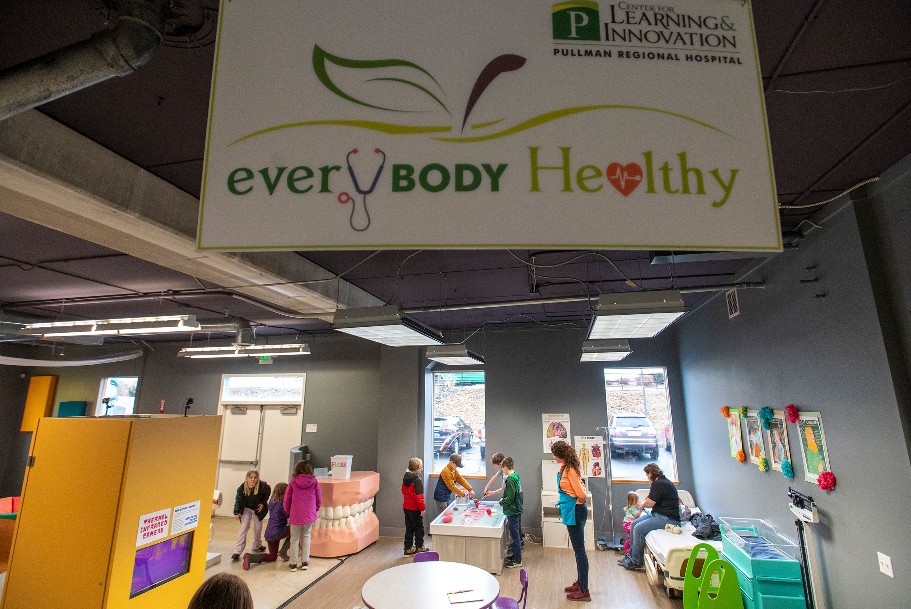 A class of fourth graders from Palouse Prairie Charter School explores the “Everybody Healthy” exhibit at the Palouse Discovery Science Center in Pullman on Thursday.