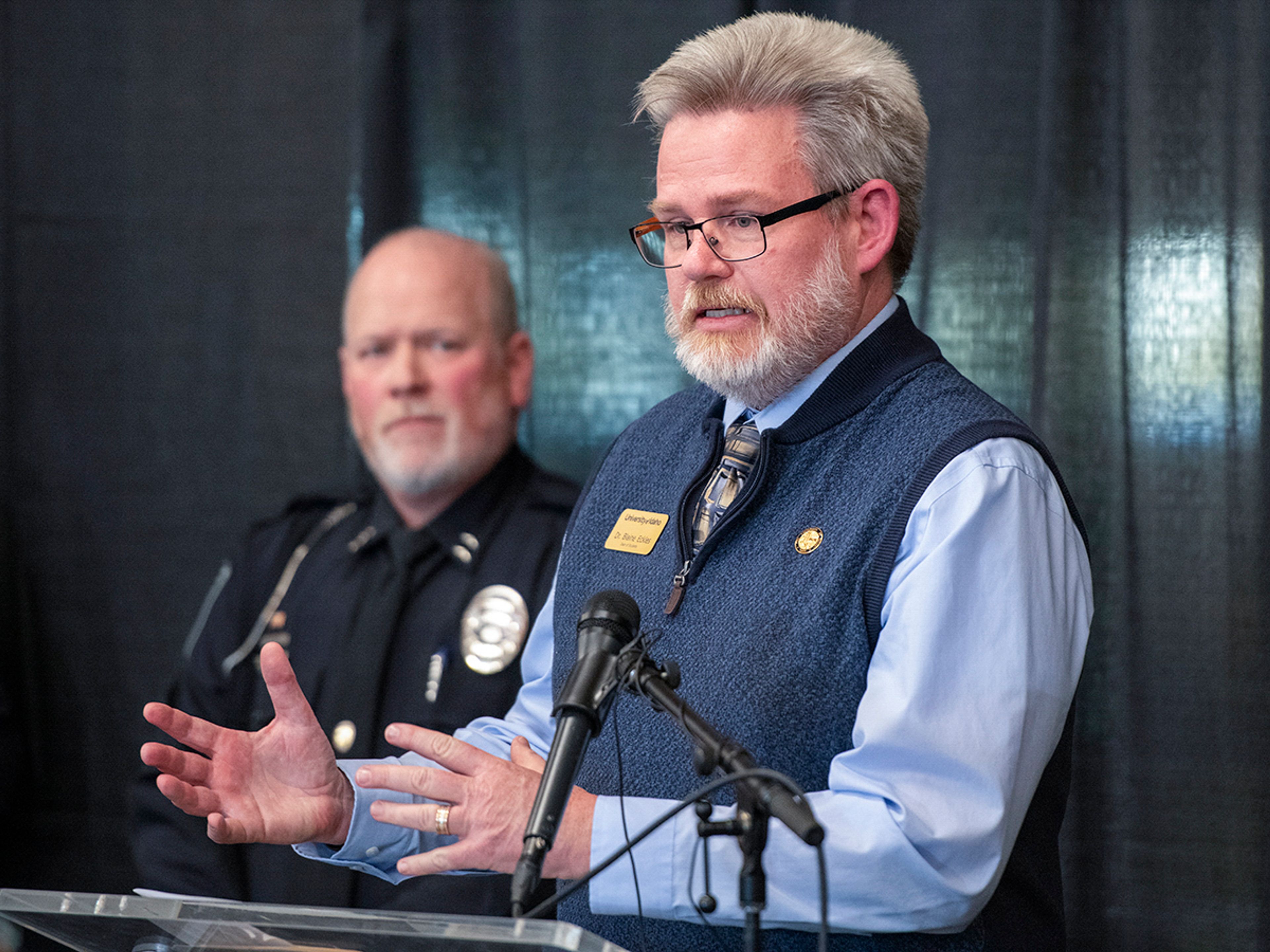 Dean of Students Blaine Eckles answers questions at a press conference about a quadruple homicide investigation involving four University of Idaho students at the Idaho Central Credit Union Arena on Wednesday in Moscow.