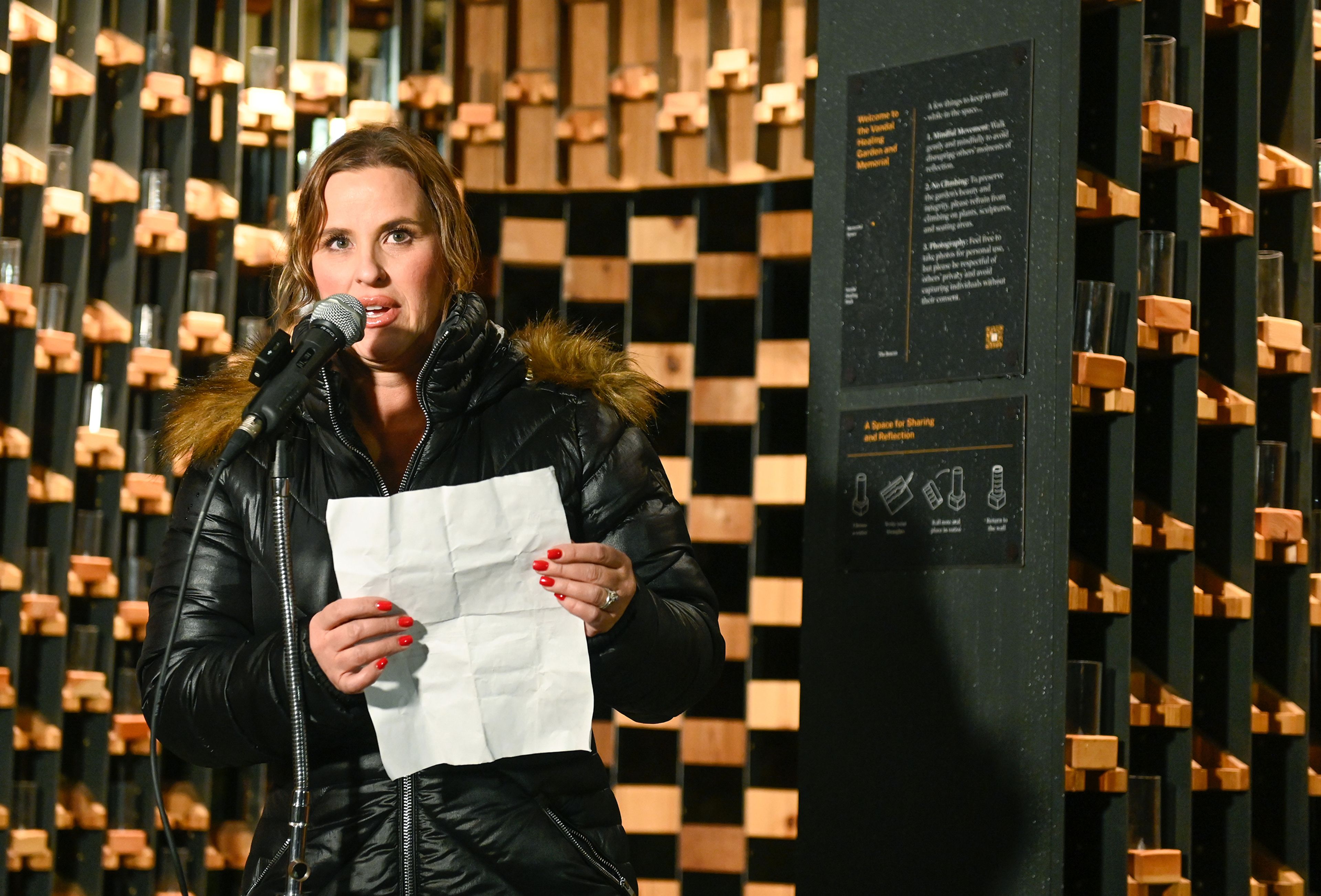 Angela Navejas, founder of the Made with Kindness Foundation, shares a few words Wednesday before encouraging those gathered at the vigil to write notes in memory of the four University of Idaho students murdered two years earlier in Moscow.