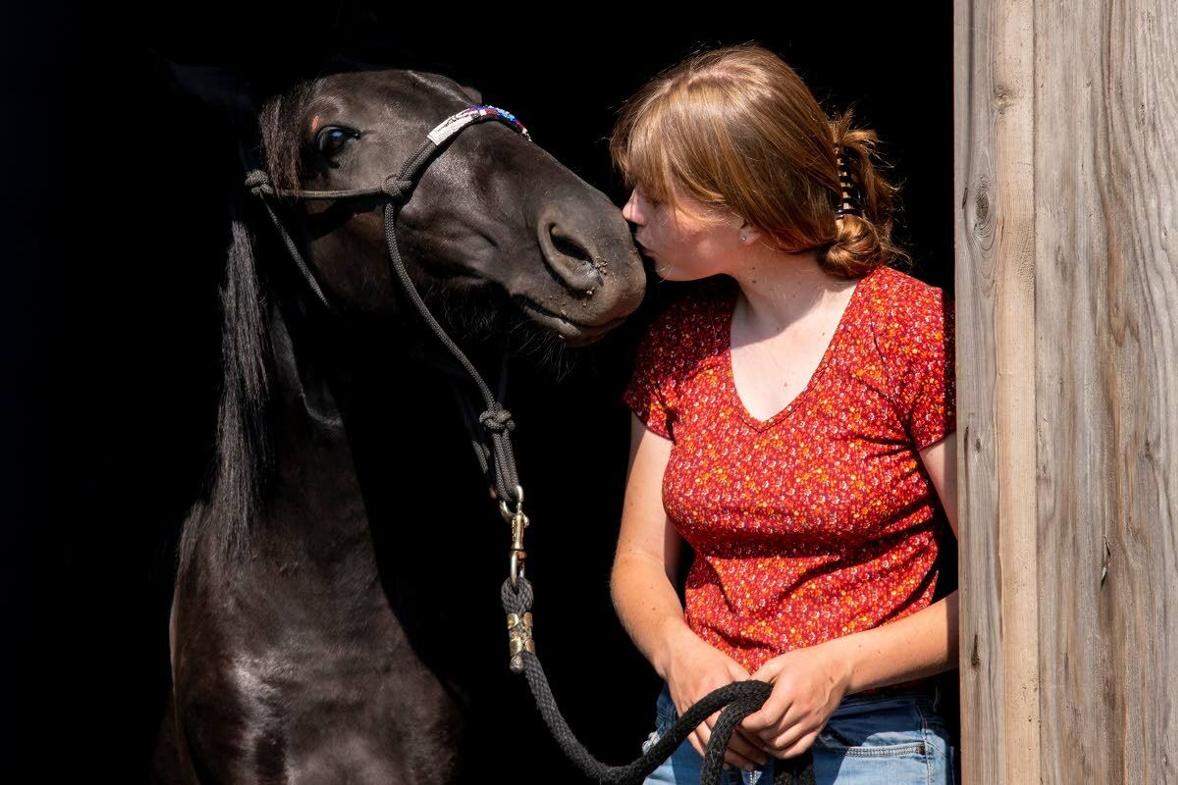 Maddalena “Lena” Hylton, 17, of Moscow, kisses her horse, Lyra, a 1-year-old mustang, while standing in a barn doorway outside her home. Hylton was paired with Lyra in April to train for 100 days in preparation for a showcase of the mustang’s new skills as part of an event called the Extreme Mustang Makeover taking place in Oklahoma later this summer. “It’s been one of the best experiences of my life,” she said. “I’m so glad I decided to it.”