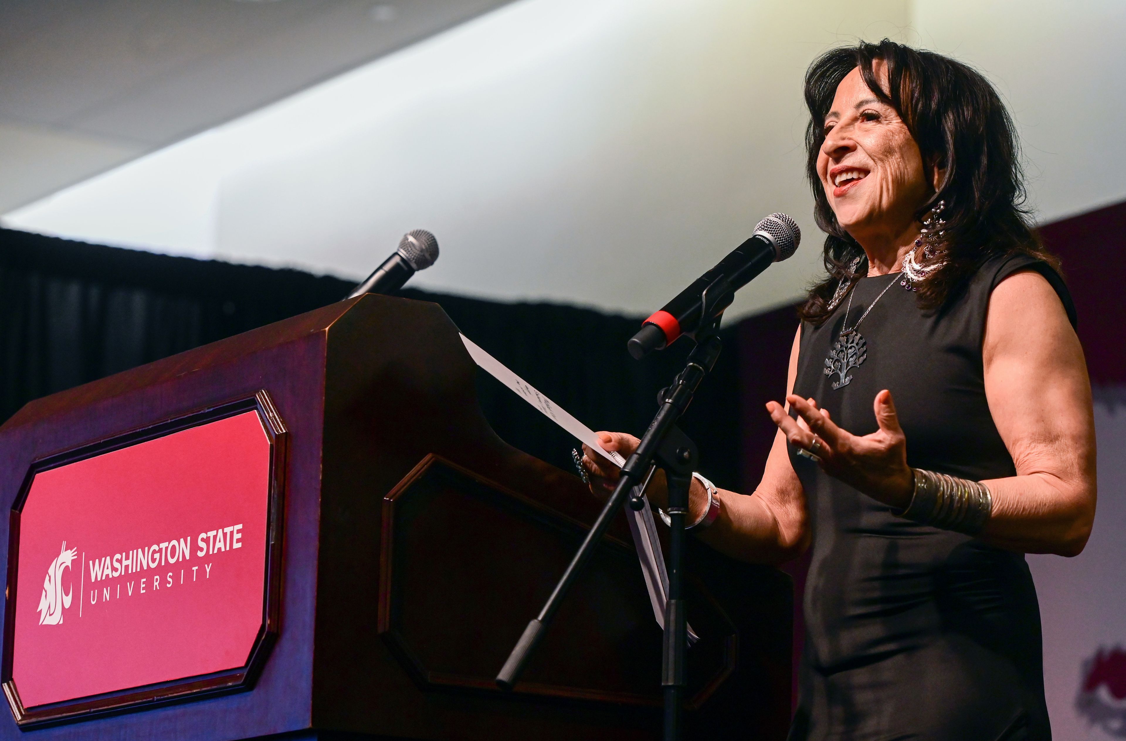 Maria Hinojosa delivers a keynote as the recipient of the Murrow Lifetime Achievement Award in Journalism during the Murrow Symposium at Washington State University’s campus in Pullman on Wednesday.