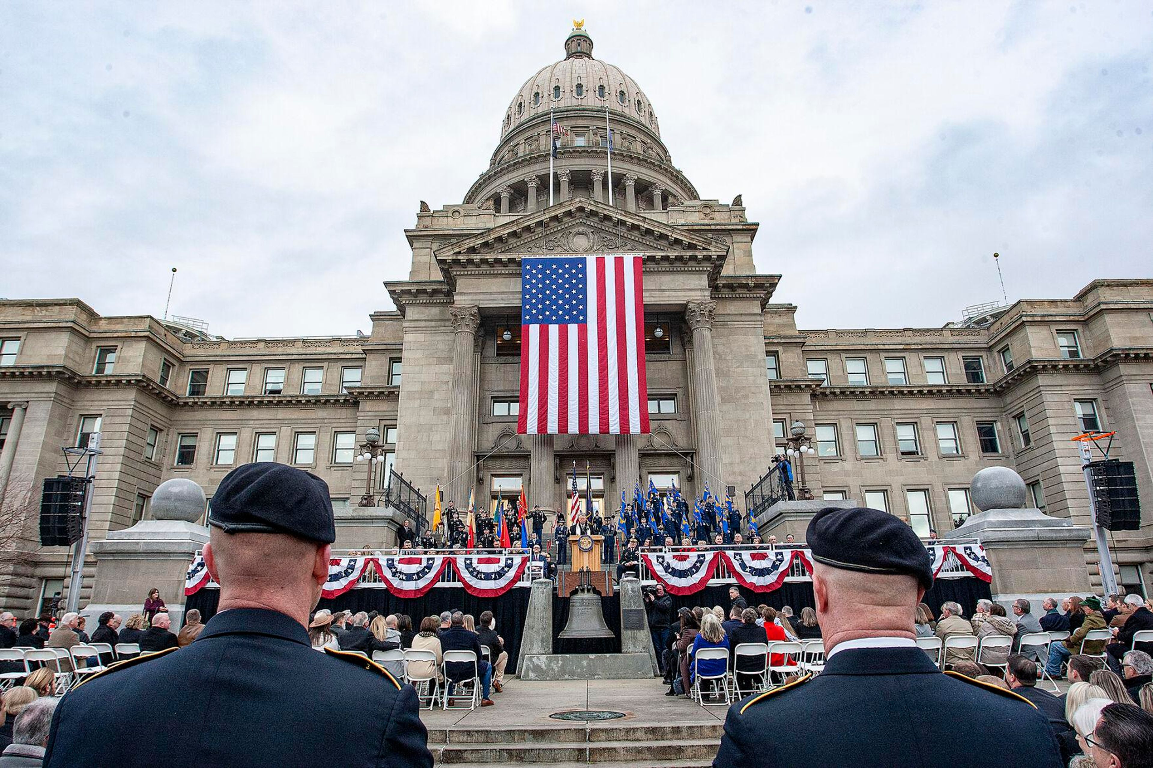 Gov. Brad Little delivers his inaugural address during a ceremony in front of the Idaho State Capitol on Friday.