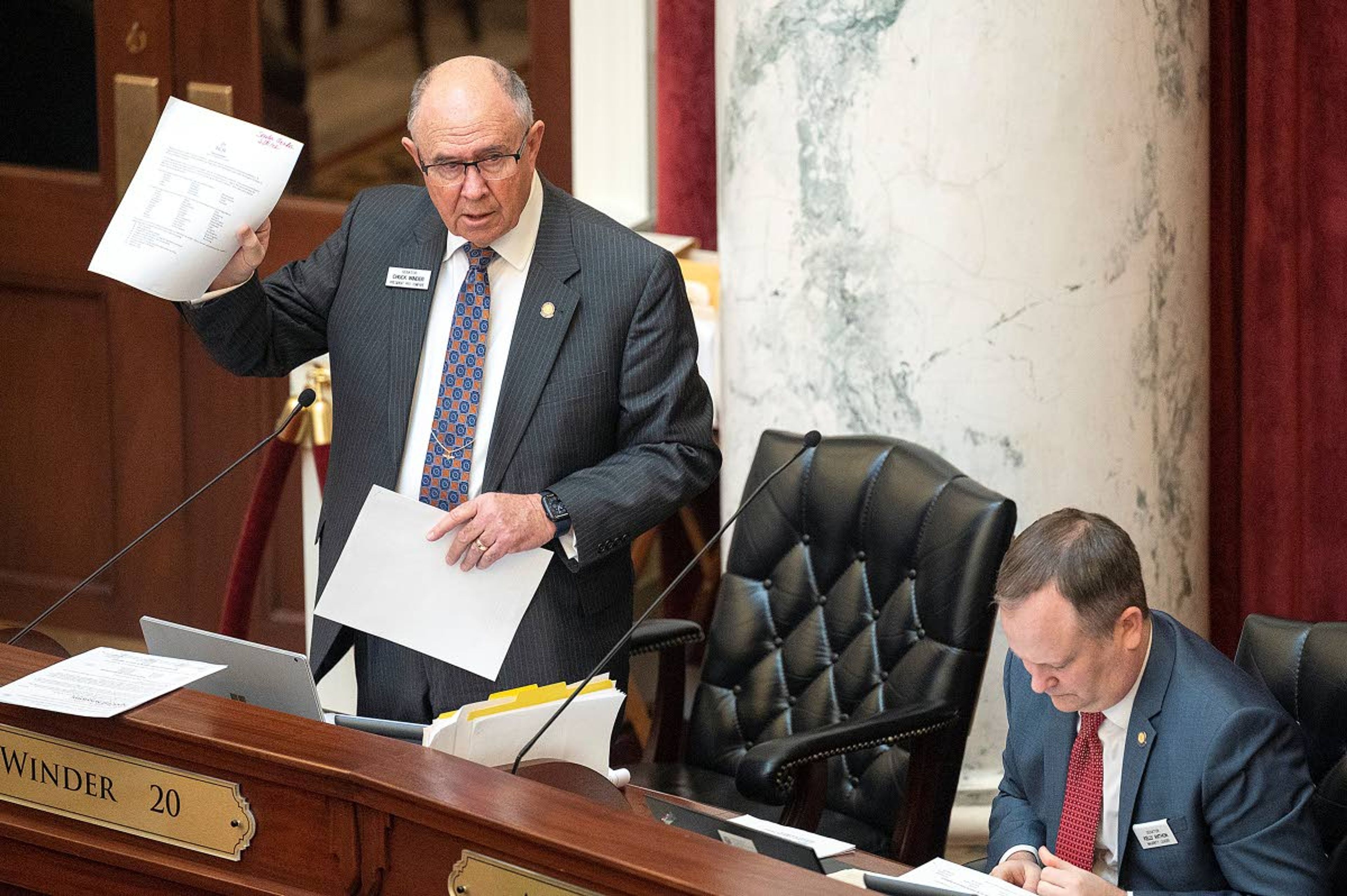 Senate President Pro Tem Chuck Winder, R-Boise, debates in support of a proposed constitutional amendment during a morning session at the Idaho Capitol Building in Boise on Wednesday. The measure, which would allow the Legislature to call itself back into session, passed the Senate with a 24-11 vote.Pete Caster Daily News