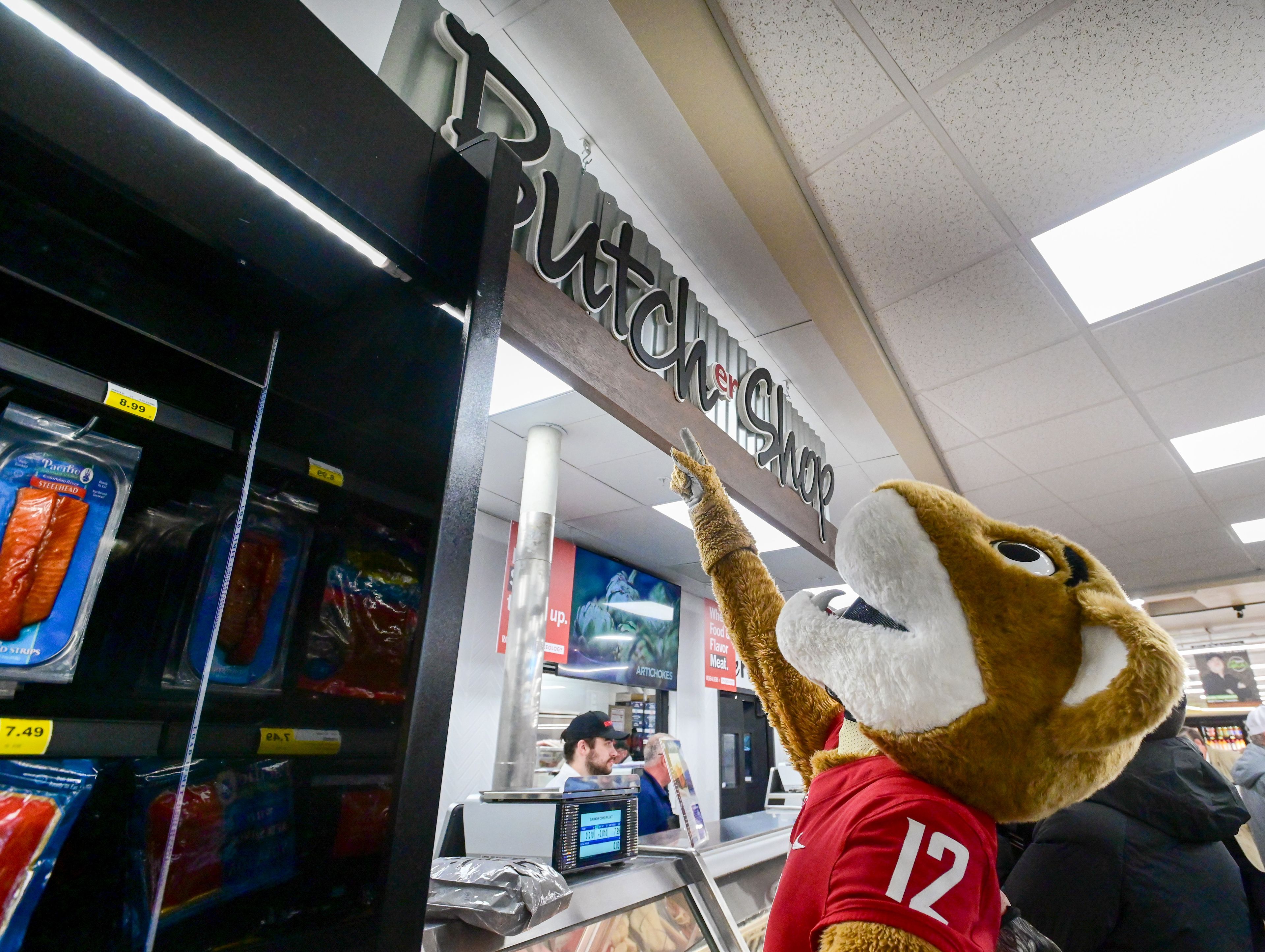 Washington State University mascot Butch The Cougar recognizes his name in the new Rosauers store on Wednesday.