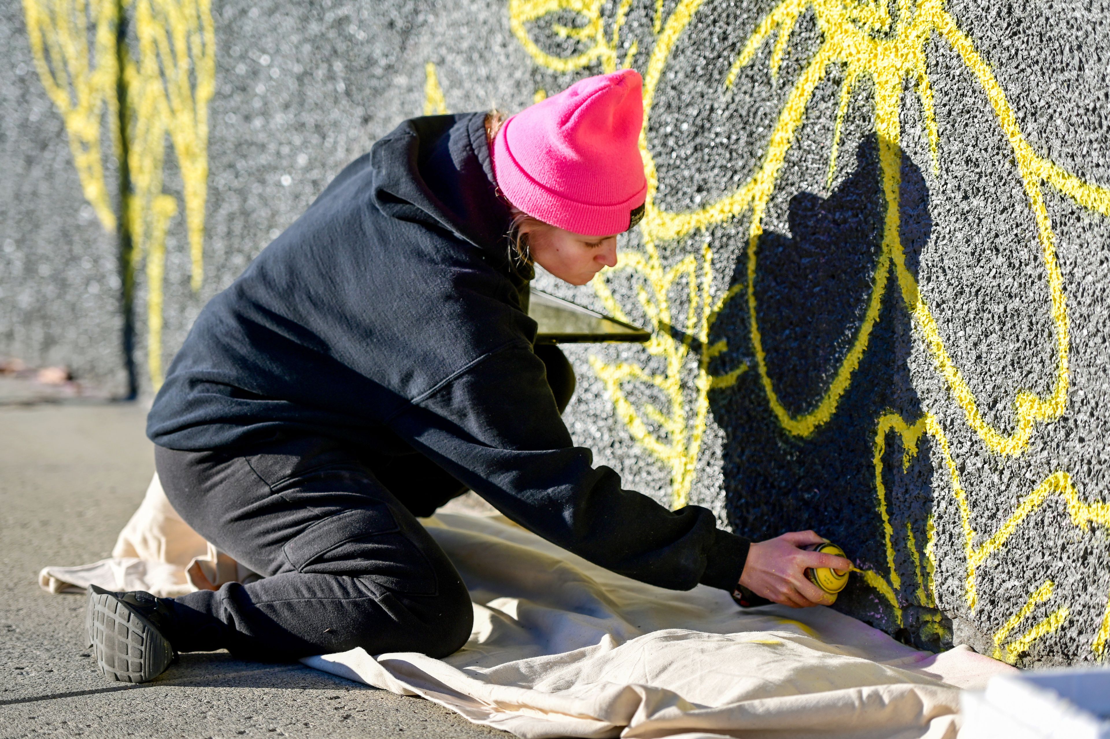 Mikaela Herrick, a University of Idaho senior studio art and design student, places finishing touches on a mural at the corner of Fourth and Washington streets in Moscow on Tuesday.