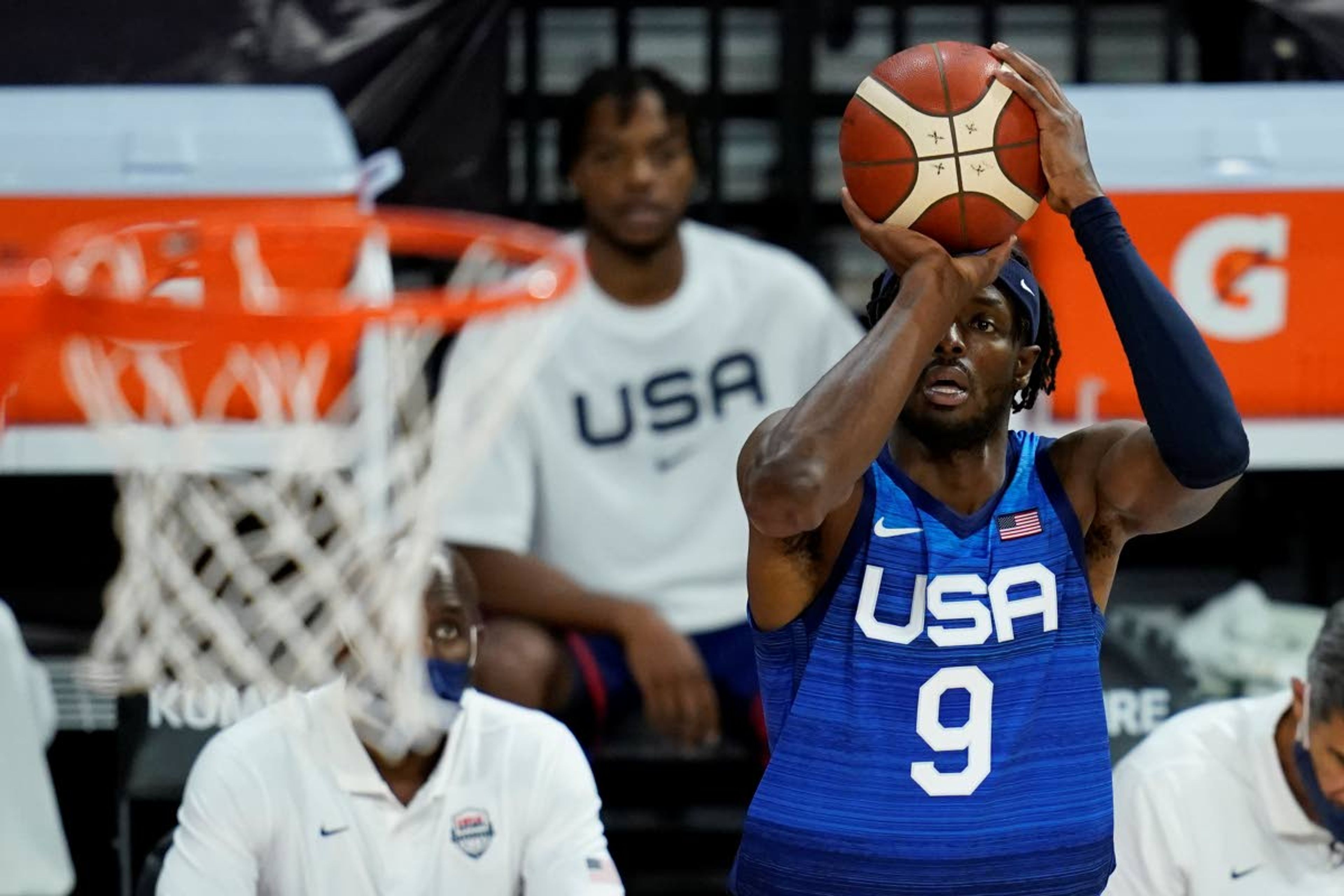 United States' Jerami Grant shoots against Australia during an exhibition basketball game Monday, July 12, 2021, in Las Vegas. (AP Photo/John Locher)