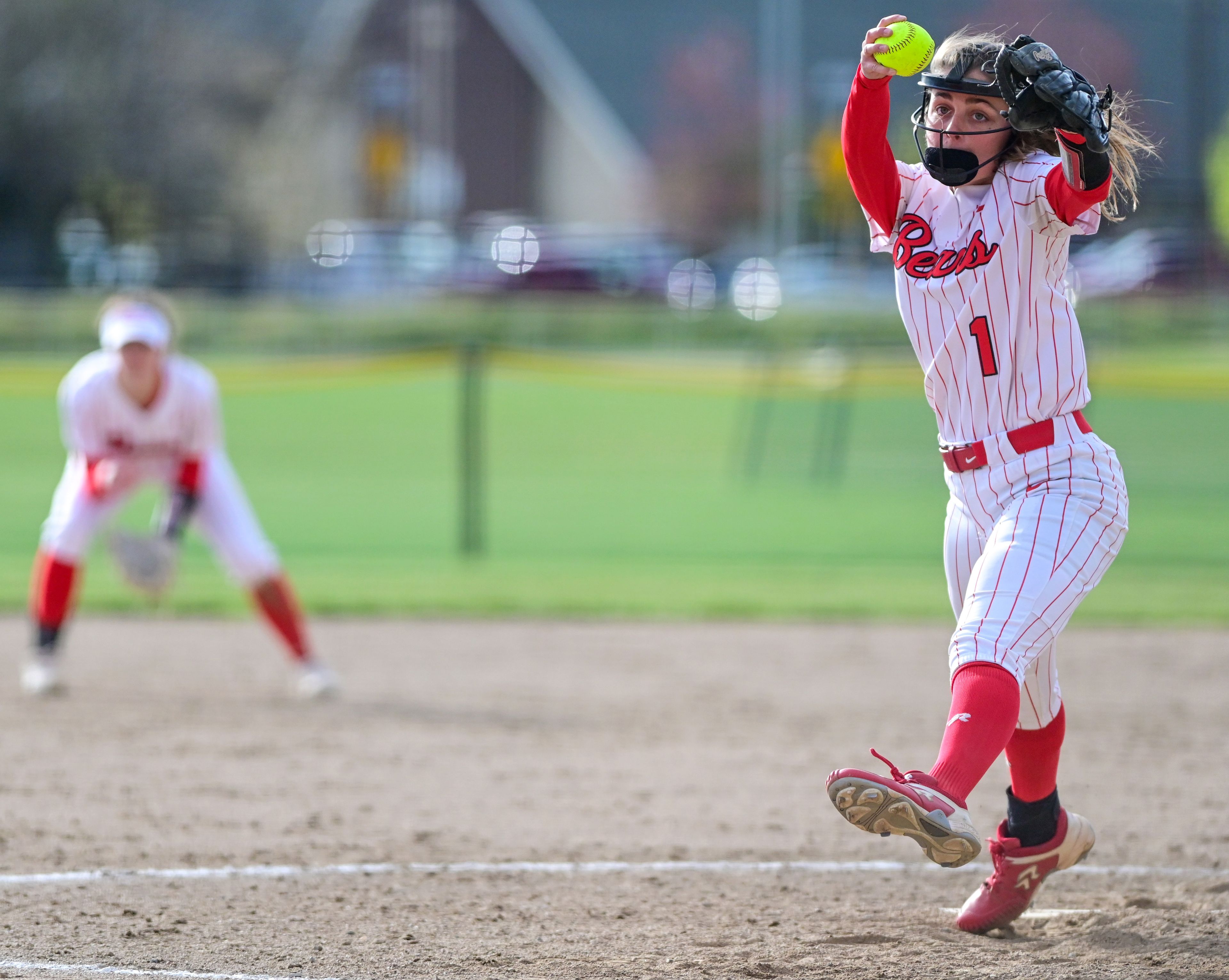 Moscow’s Kelly Stodick (1) winds up for a pitch against Lakeland in Moscow.