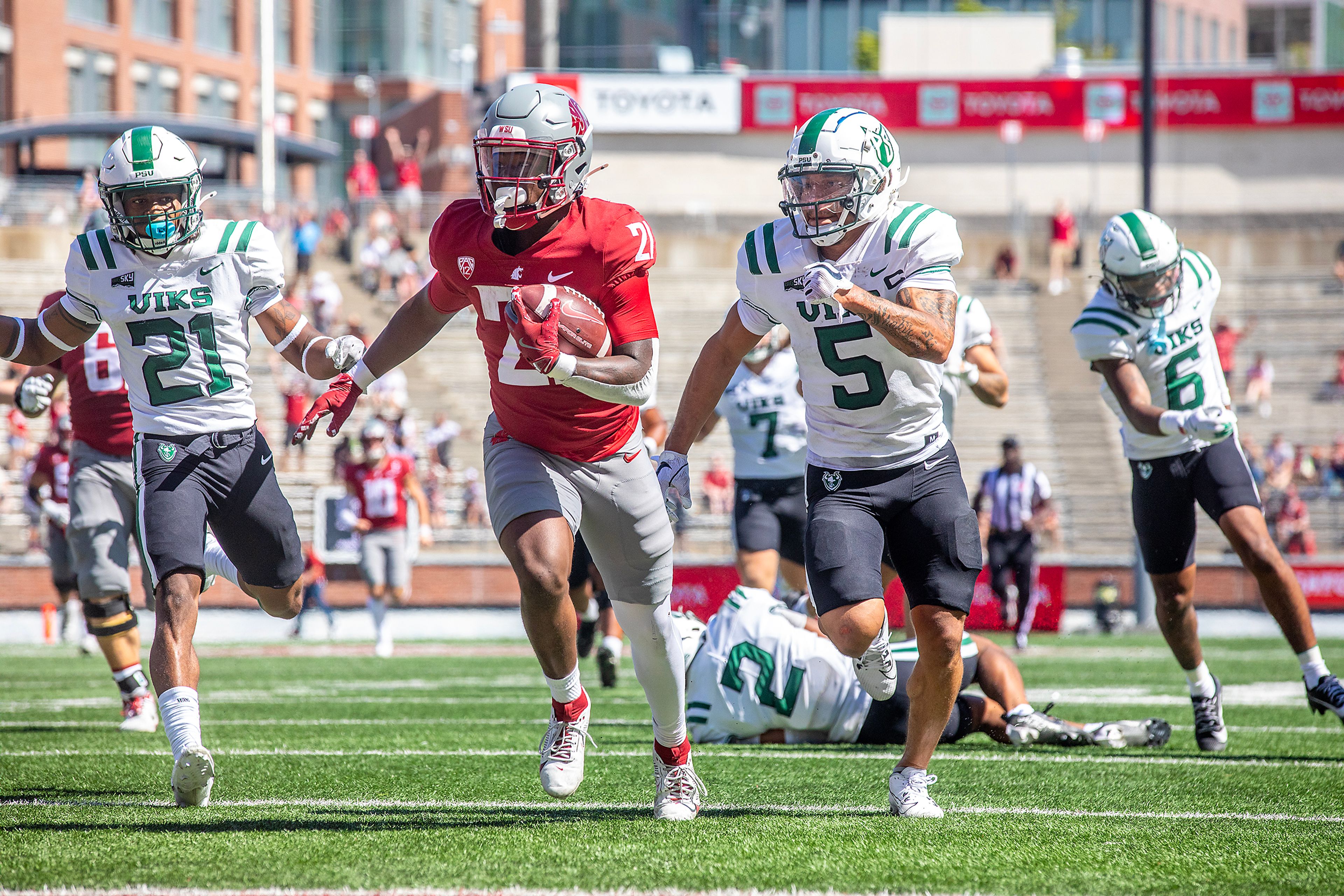 Washington State running back Wayshawn Parker runs the ball in for a touchdown against Portland State during nonconference game Aug. 31 at Gesa Field in Pullman.,