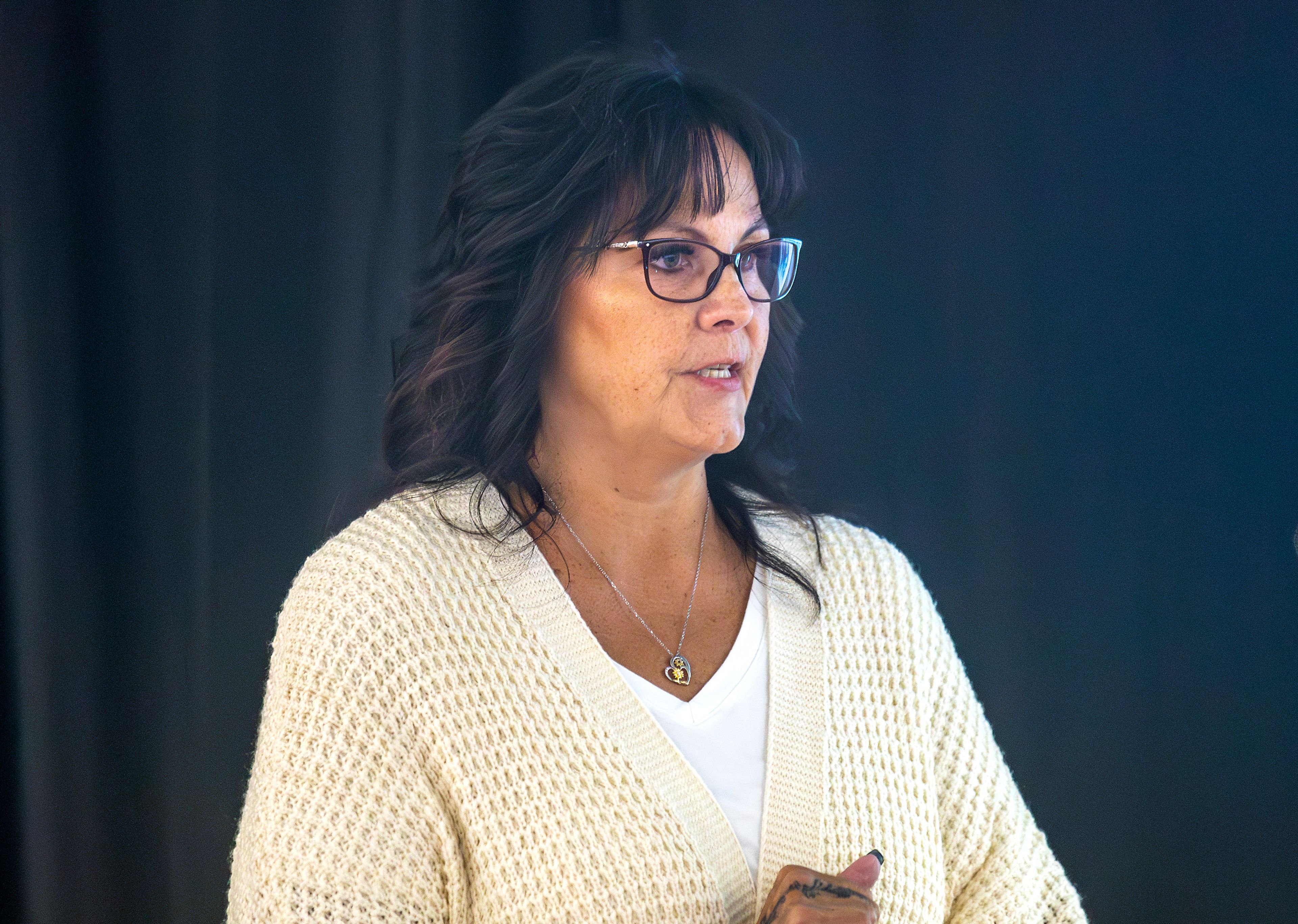 Zenita Delva, executive director of the 2nd Judicial District CASA program, speaks Friday at the Inspiring Women Bunch Friday at the YWCA in Lewiston.