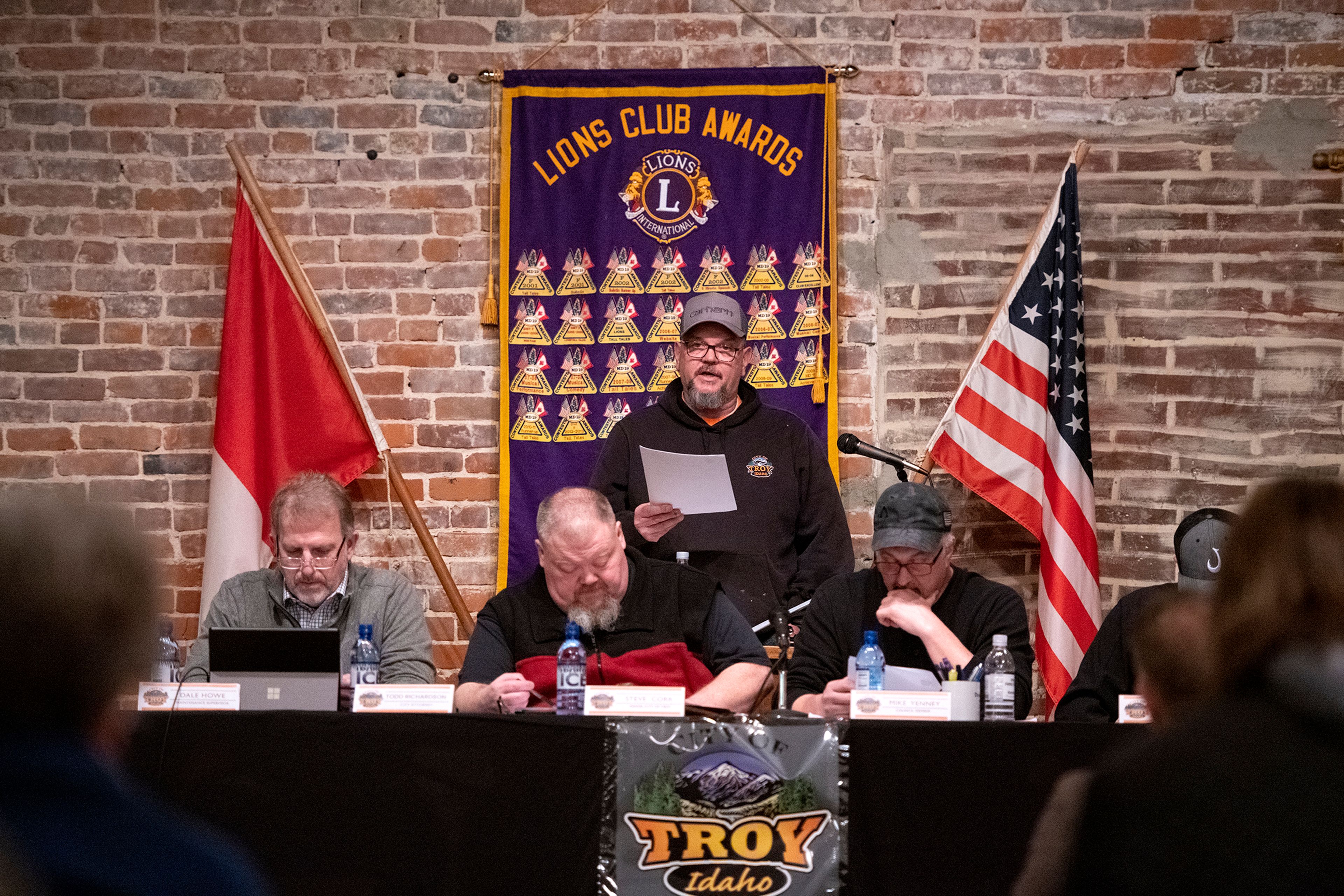 Public Maintenance Supervisor Dale Howe presents a report during a public hearing for a conditional use permit Wednesday at the Troy Lion’s Club. The permit would apply to a downtown building on Main Street.