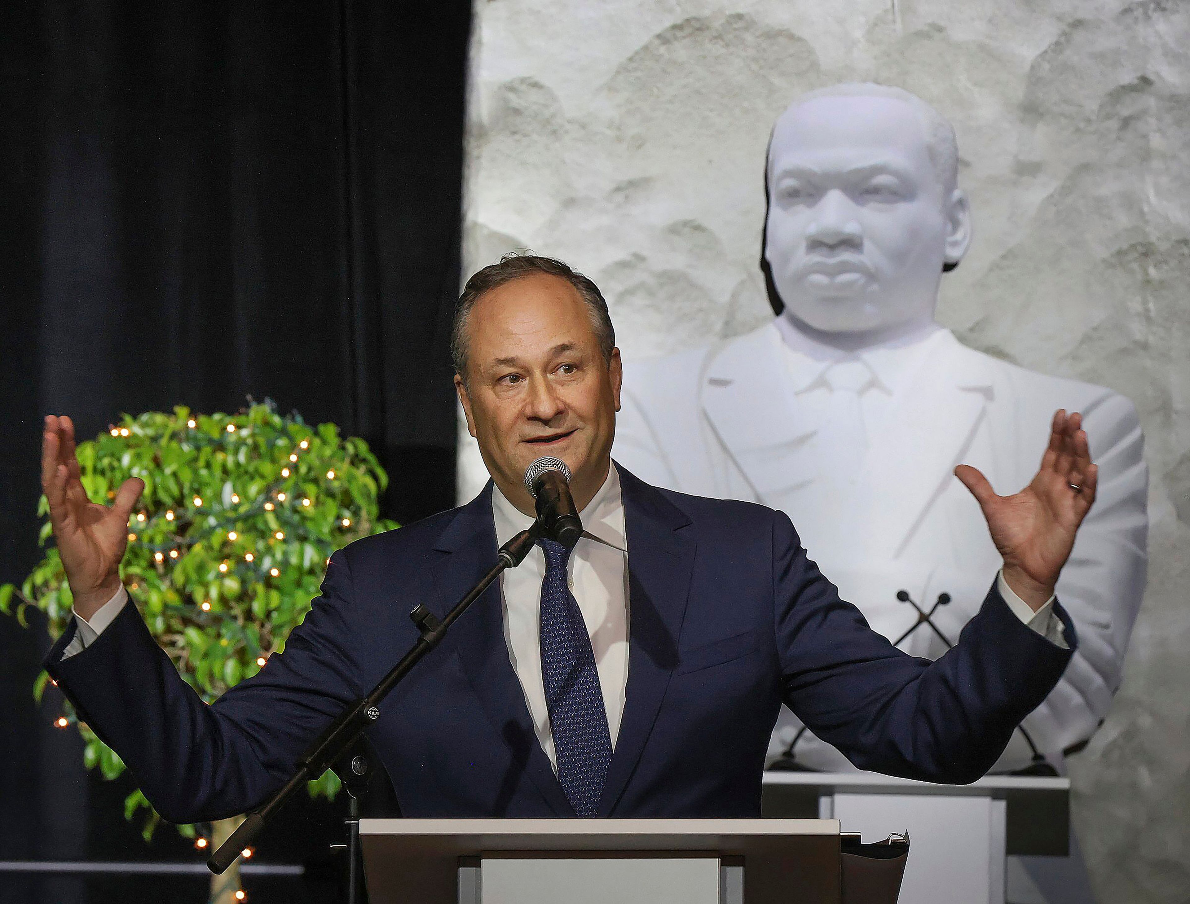 Second Gentleman Douglas Emhoff gives his remarks regarding the legacy of MLK and the importance of future role models in keeping the legacy alive during the Annual Dr. Martin Luther King, Jr. Scholarship Breakfast, Monday, Jan. 16, 2023, at the Miami Beach Convention Center. (Carl Juste/Miami Herald via AP)