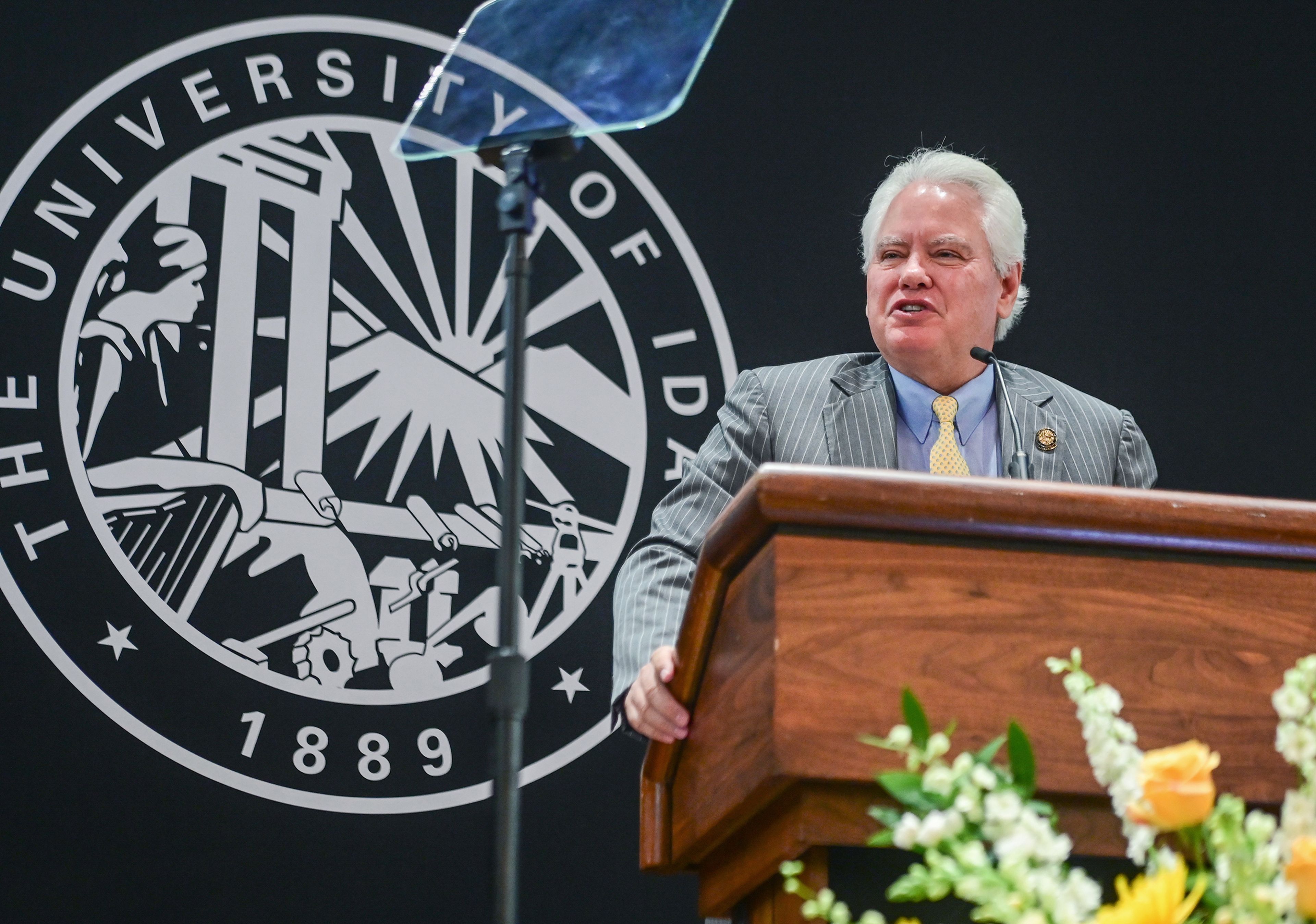 University of Idaho President C. Scott Green, right, gives a state of the university address on Tuesday in Moscow.