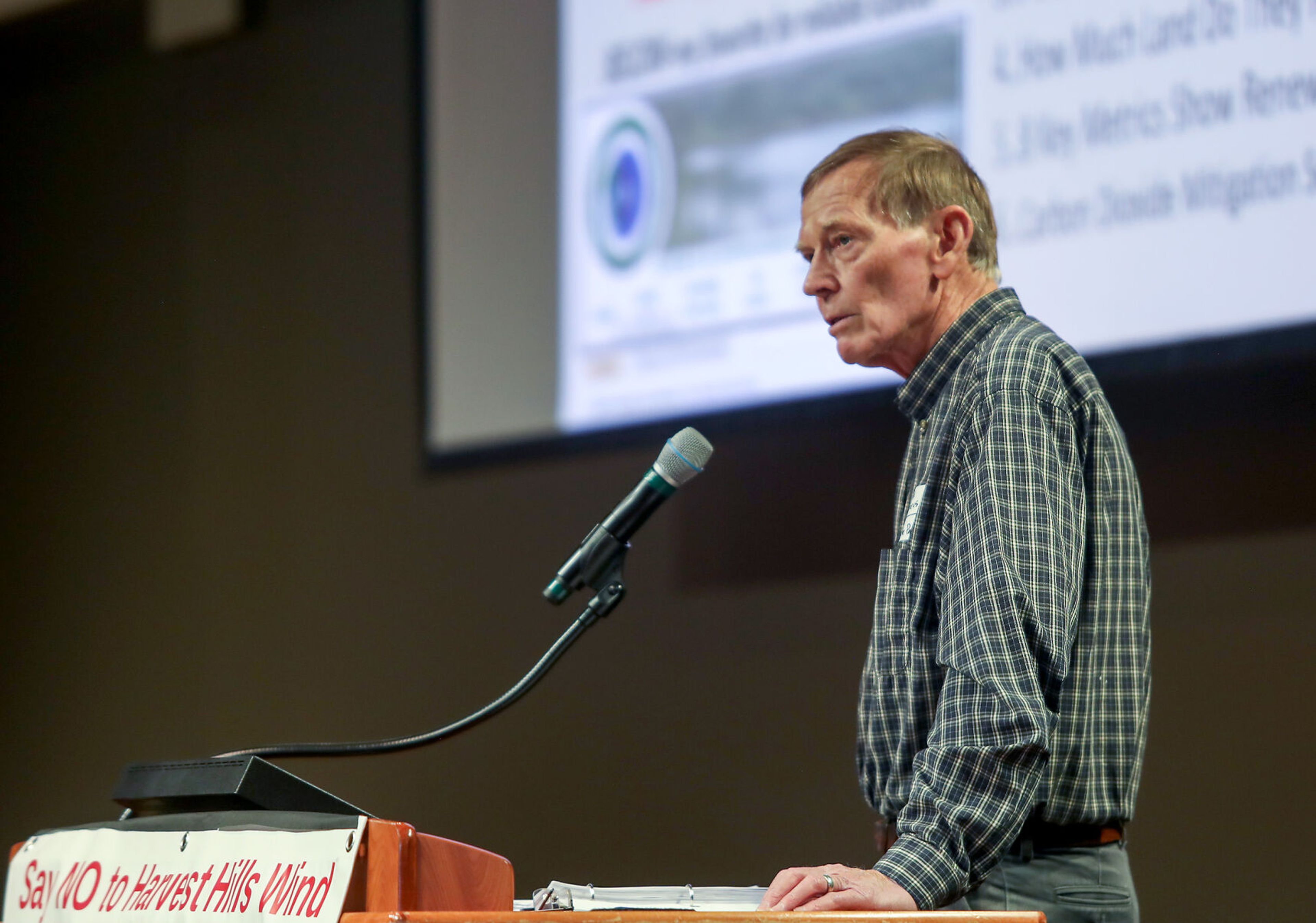 David Boleneus shares findings on wind turbines during a public meeting for Save the Palouse on Thursday in Pullman.