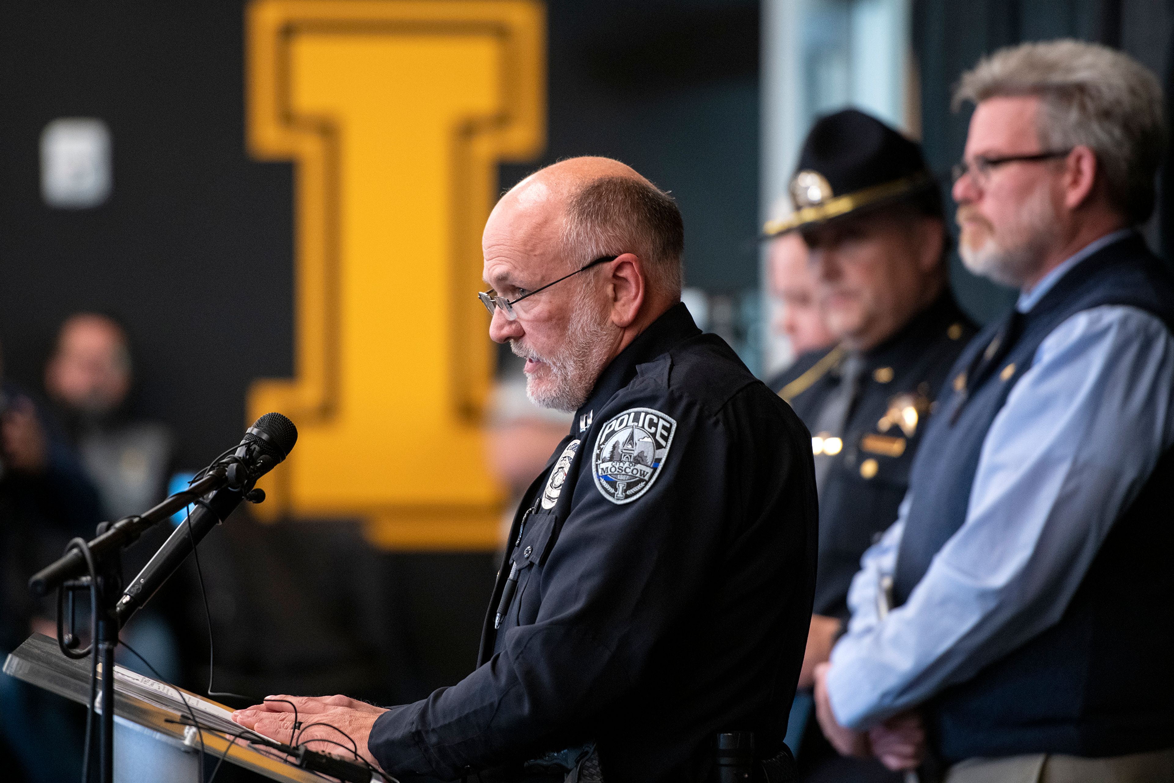 Moscow Police Captain Roger Lanier speaks at a press conference about a quadruple homicide investigation involving four University of Idaho students at the Idaho Central Credit Union Arena on Wednesday in Moscow.