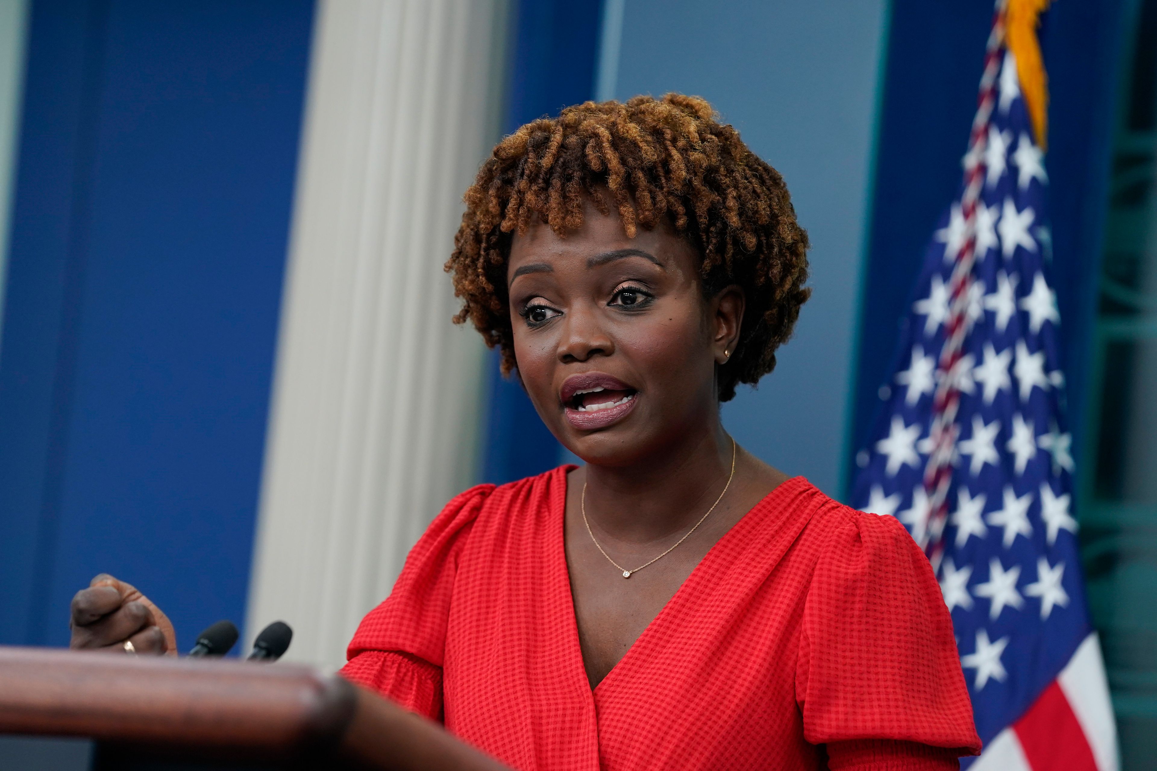 White House press secretary Karine Jean-Pierre speaks about President Joe Biden's positive COVID-19 test during a briefing at the White House, Thursday, July 21, 2022, in Washington. (AP Photo/Evan Vucci)