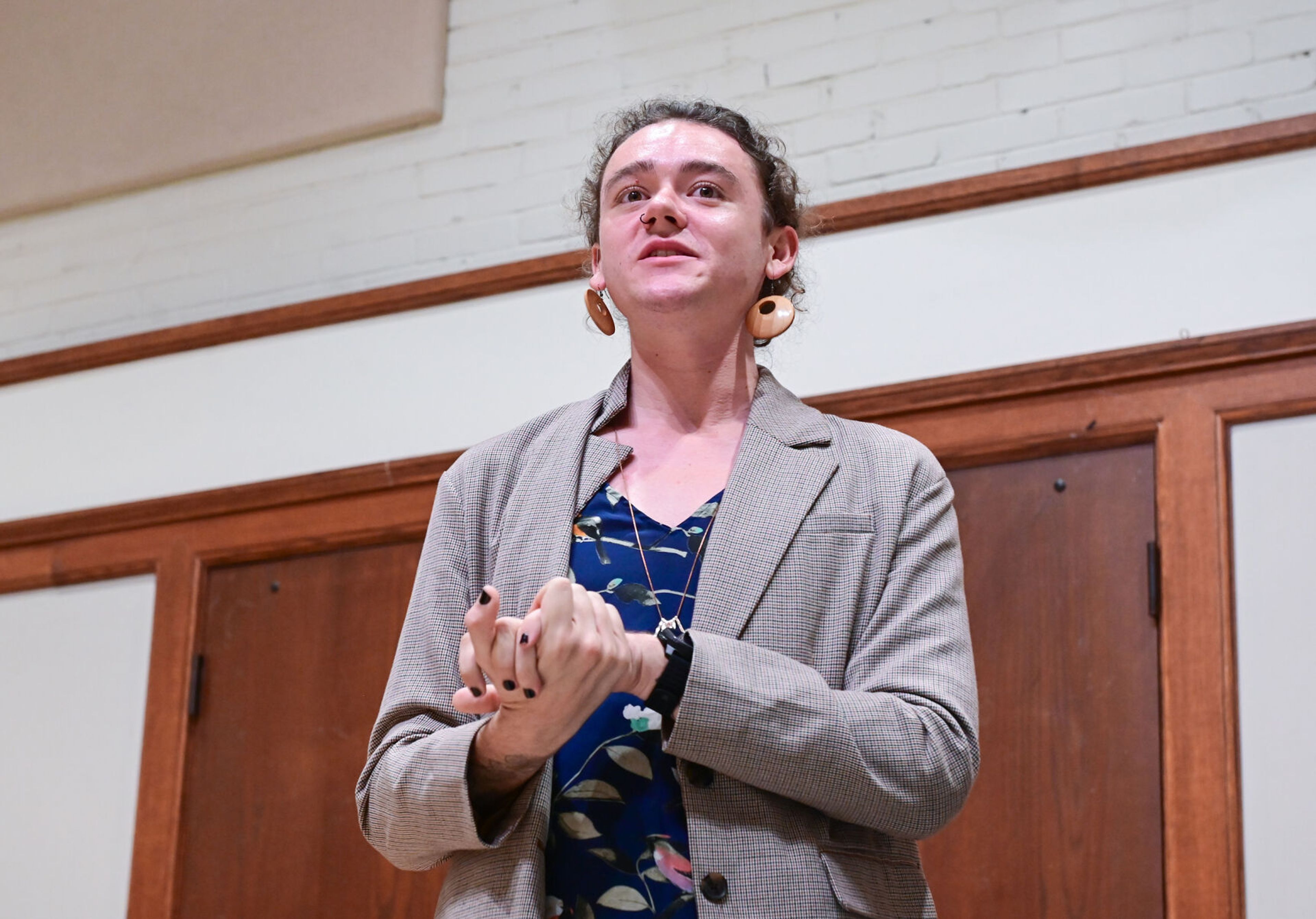 Nick Koenig, a University of Idaho graduate student, speaks as part of a local panel at the United Against Hate summit Monday at the 1912 Center in Moscow.