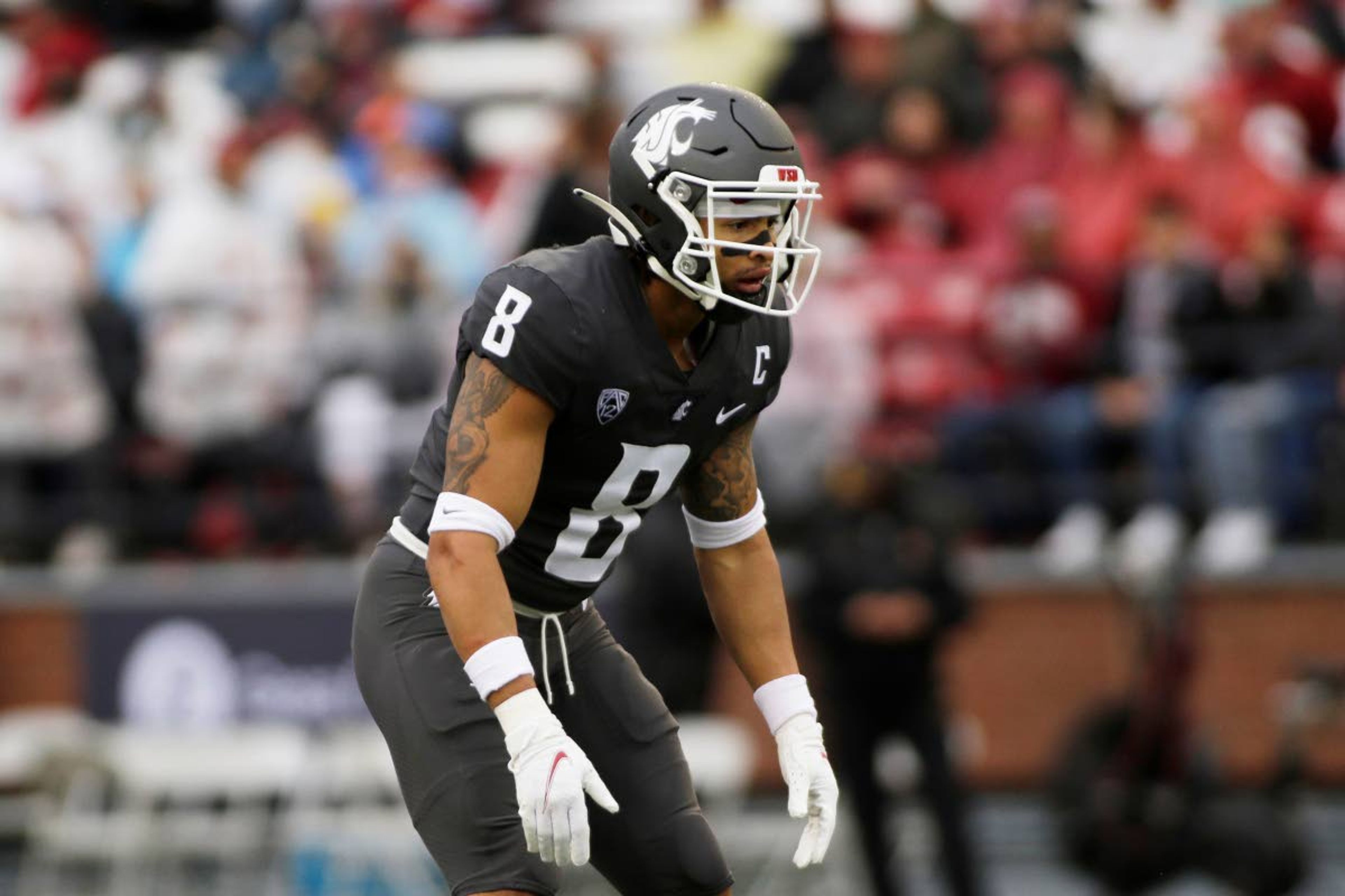 Washington State defensive back Armani Marsh lines up for a play during the second half of an NCAA college football game against Southern California, Saturday, Sept. 18, 2021, in Pullman, Wash. (AP Photo/Young Kwak)