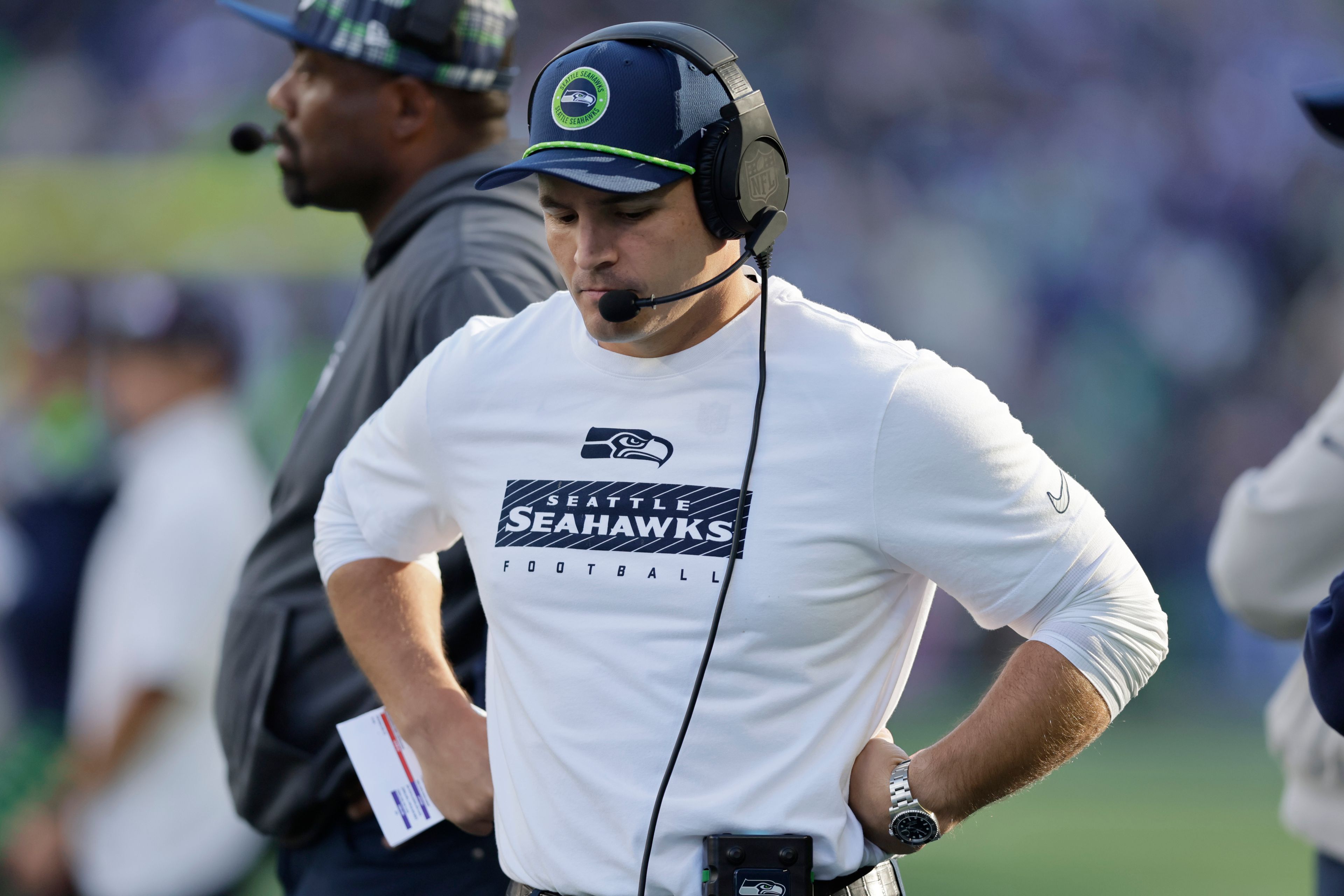 Seattle Seahawks head coach Mike Macdonald reacts during the second half of an NFL football game against the New York Giants, Sunday, Oct. 6, 2024, in Seattle. (AP Photo/John Froschauer)