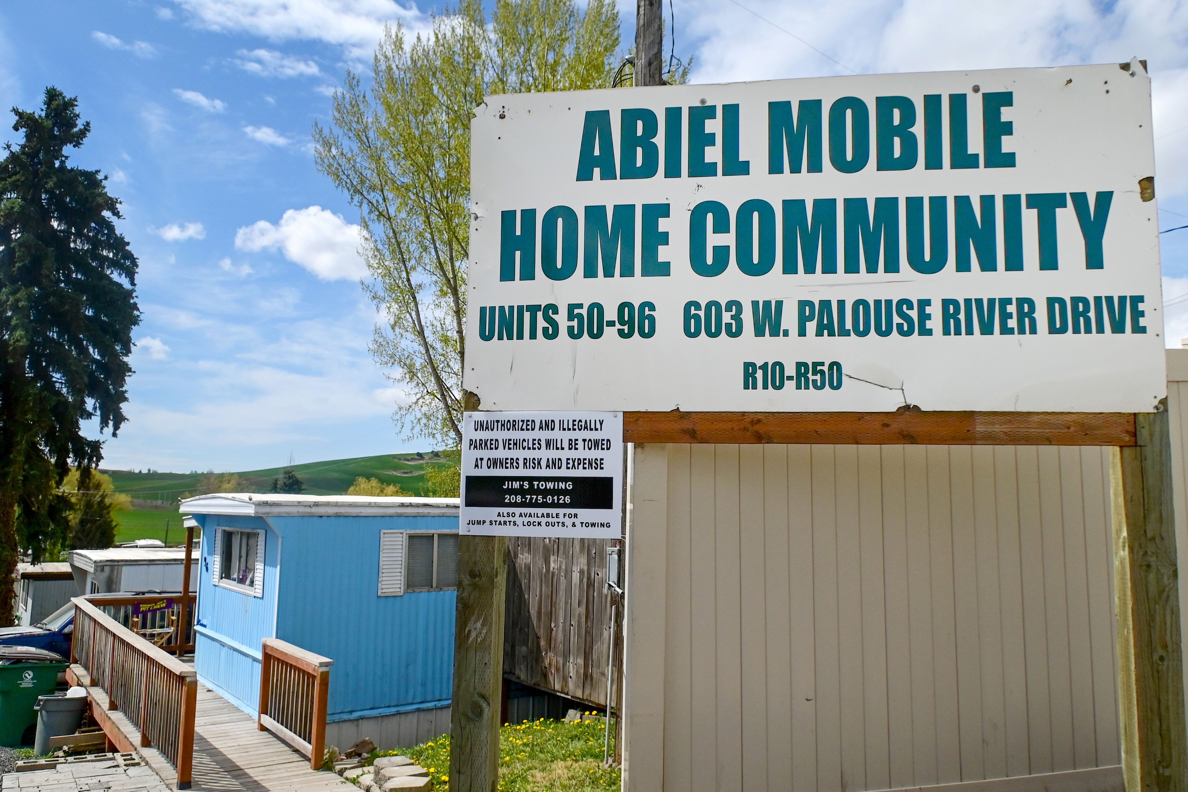 A sign marks an entrance to the Abiel Mobile Home Community in Moscow on Thursday. Residents say they are facing rising rent increases at the mobile home park.