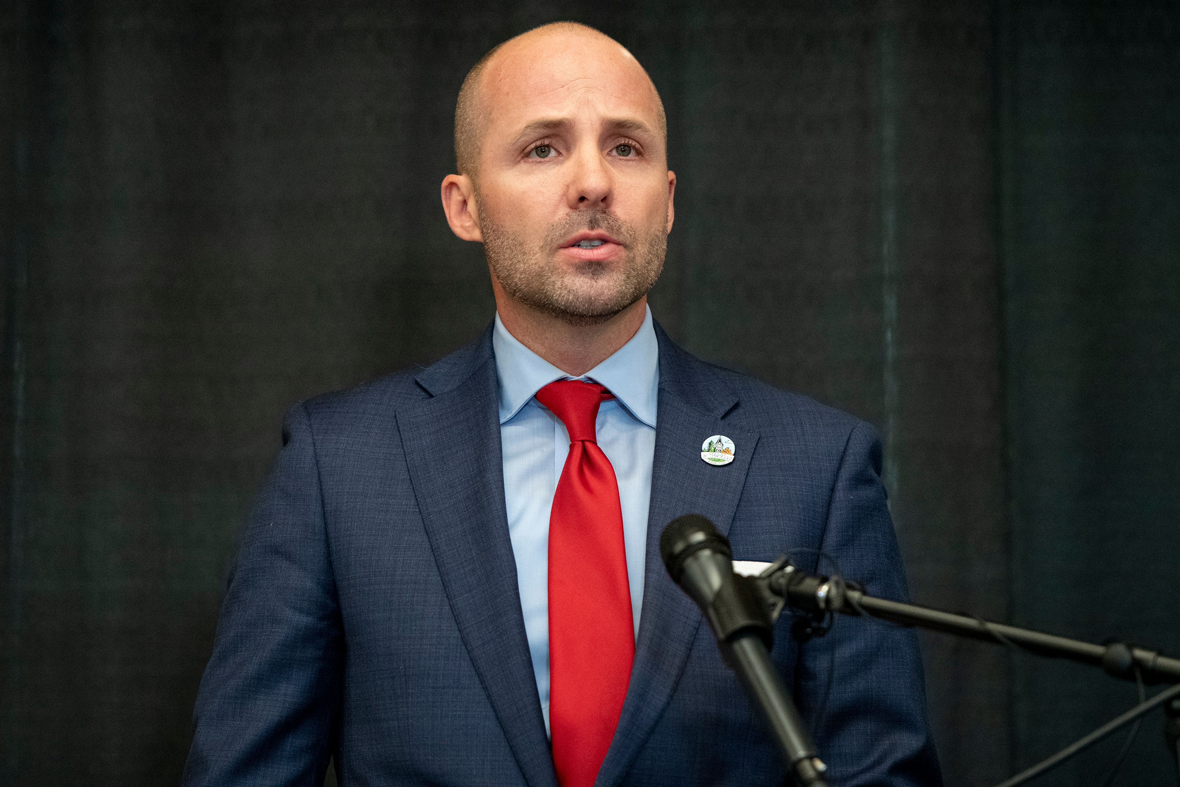 Deputy City Supervisor Tyler Palmar speaks on behalf of Gov. Brad Little at a press conference about a quadruple homicide investigation involving four University of Idaho students at the Idaho Central Credit Union Arena on Wednesday in Moscow.