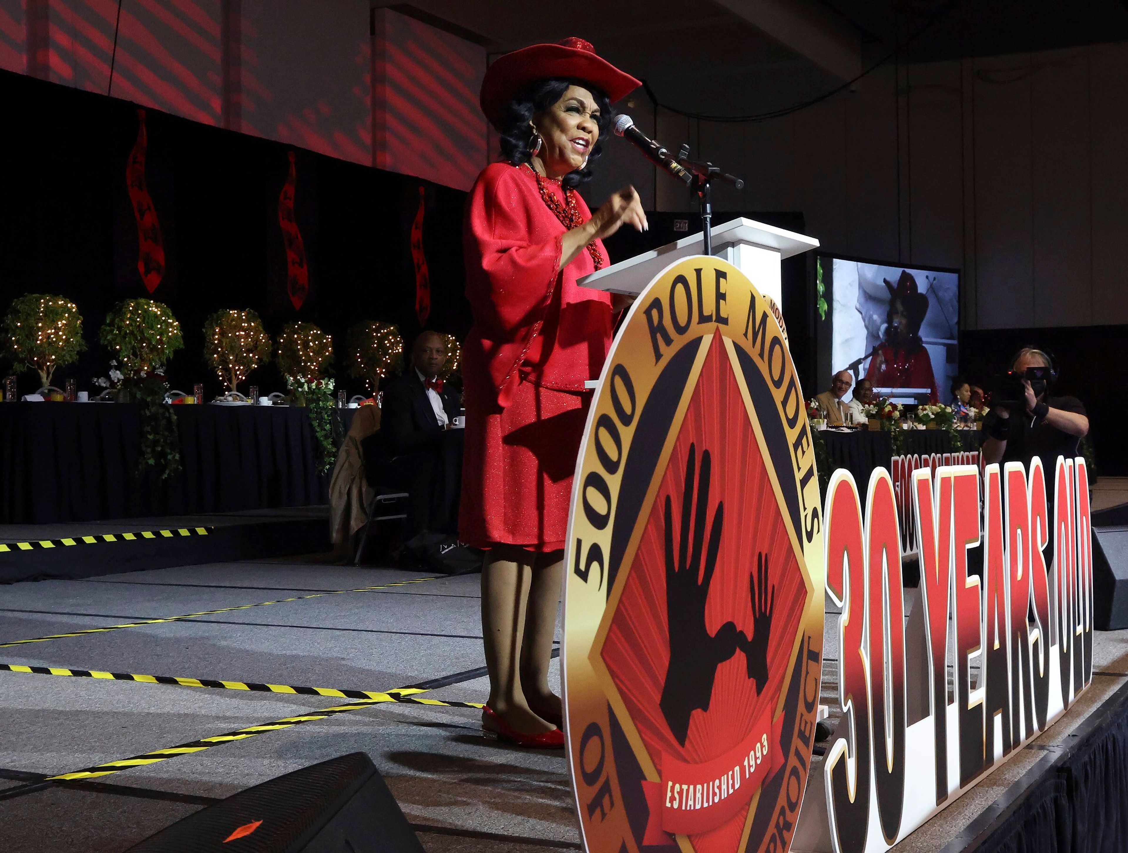 Congresswoman Frederica S. Wilson, founder of the 5000 Role Models of Excellence Project, gives her introduction during the Annual Dr. Martin Luther King, Jr. Scholarship Breakfast on Monday, Jan. 16, 2023, at the Miami Beach Convention Center. (Carl Juste/Miami Herald via AP)