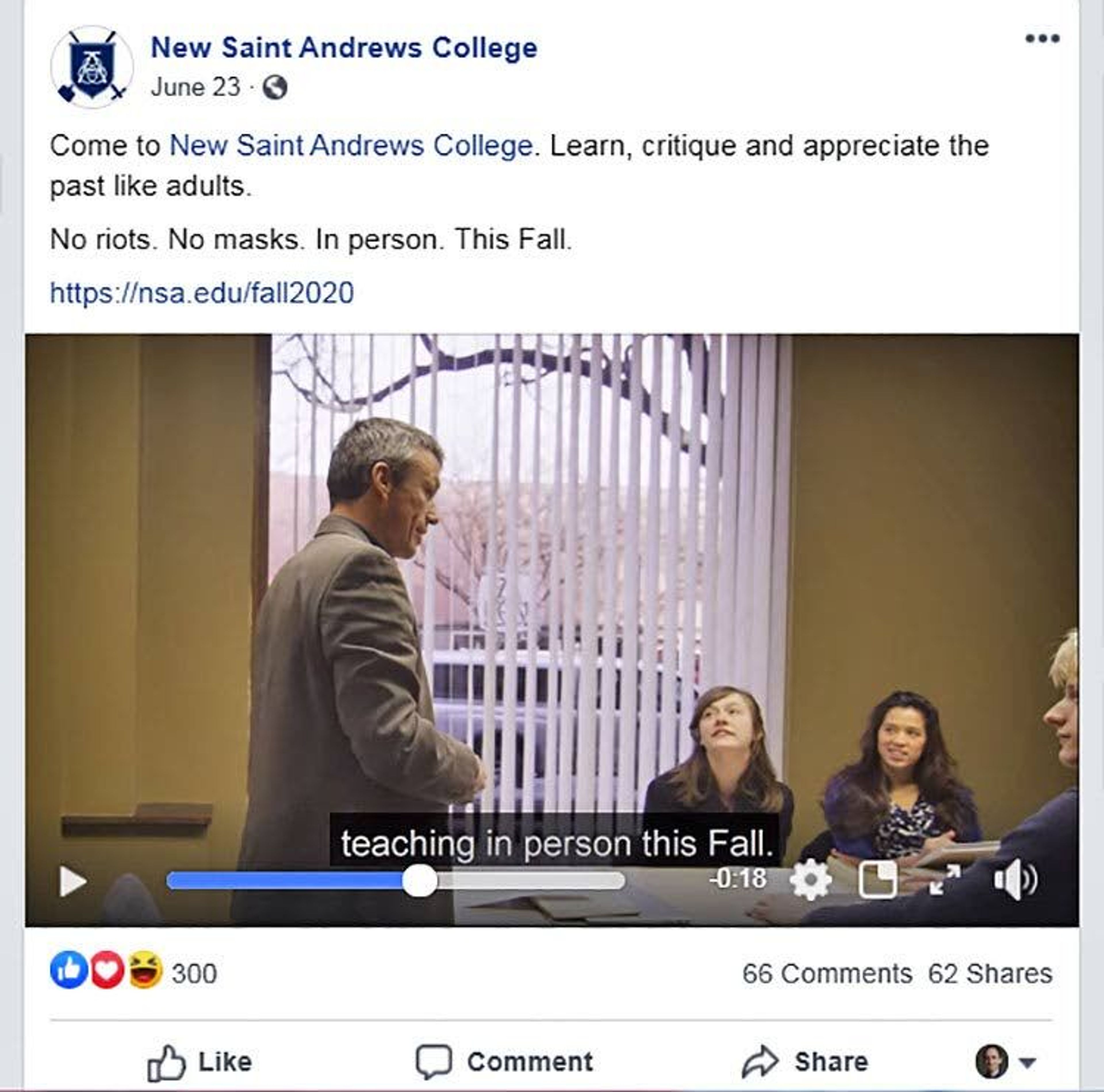 The New Saint Andrews College Facebook page says classes will be held in person with no masks this fall.