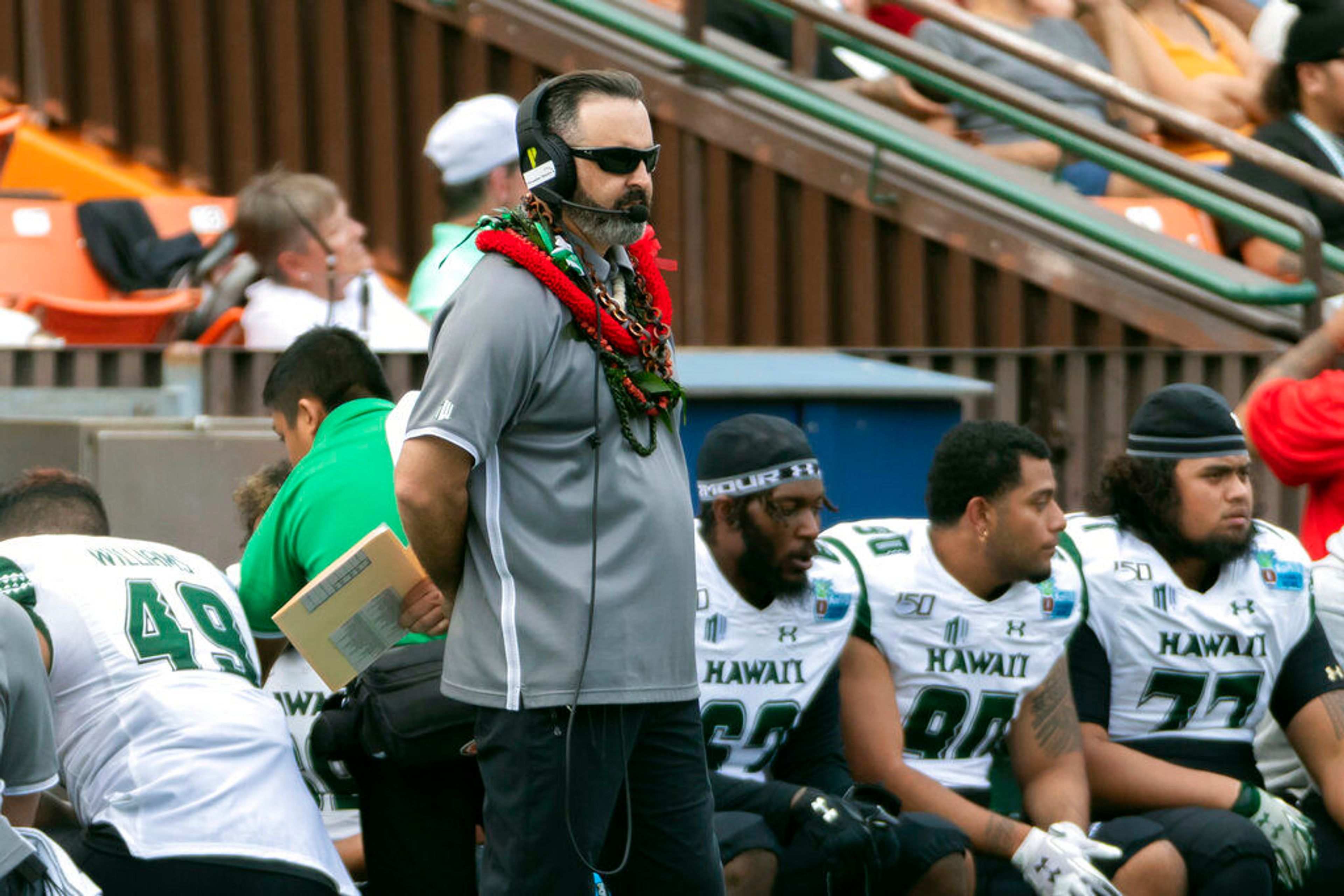 Hawaii coach Nick Rolovich watches during the first half of the team's Hawaii Bowl NCAA college football game against BYU, Tuesday, Dec. 24, 2019, in Honolulu.