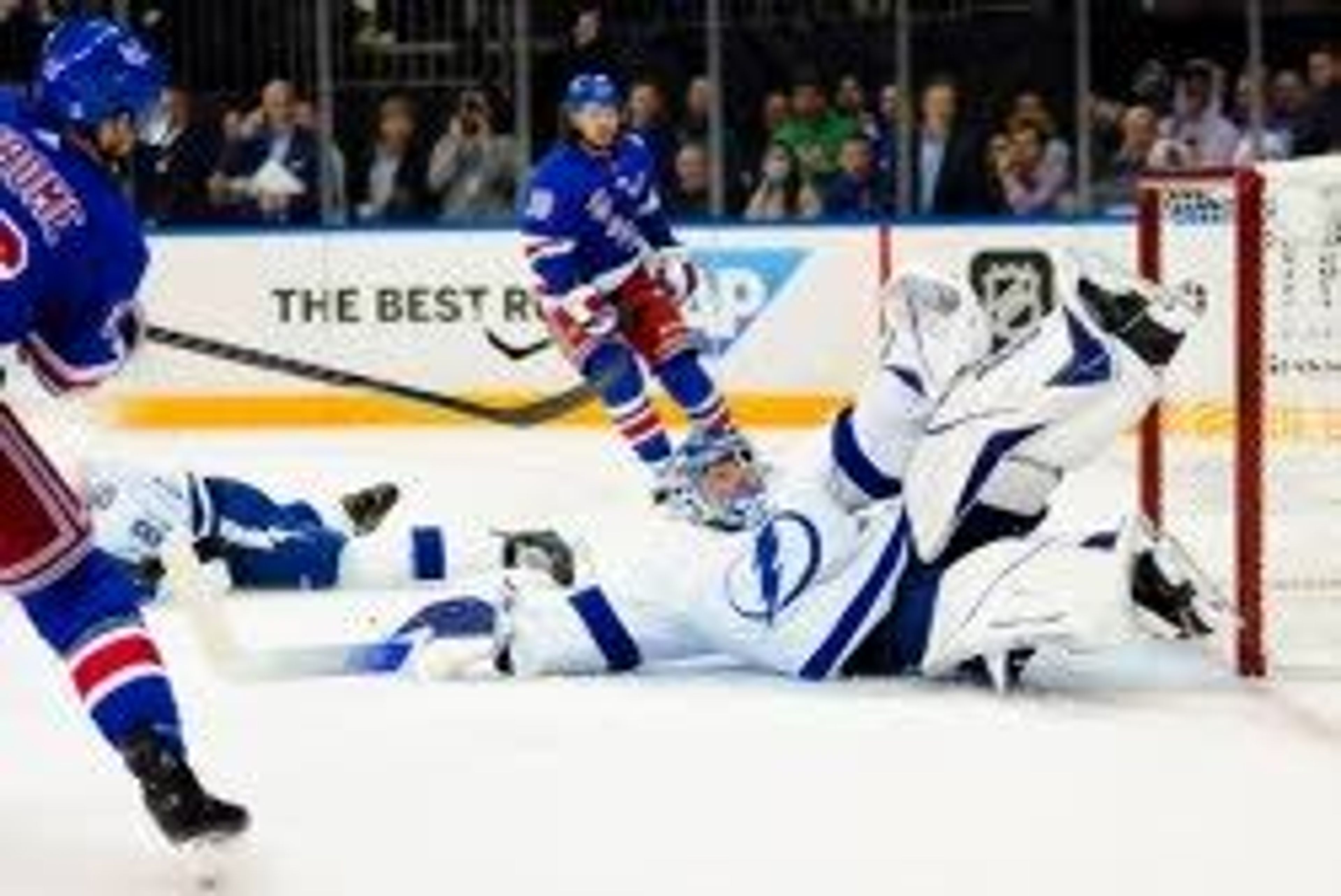 Tampa Bay Lightning goaltender Andrei Vasilevskiy stops a shot by New York Rangers' Ryan Strome (16) during the second period of Game 1 of the NHL hockey Stanley Cup playoffs Eastern Conference finals Wednesday, June 1, 2022, in New York. (AP Photo/Frank Franklin II)