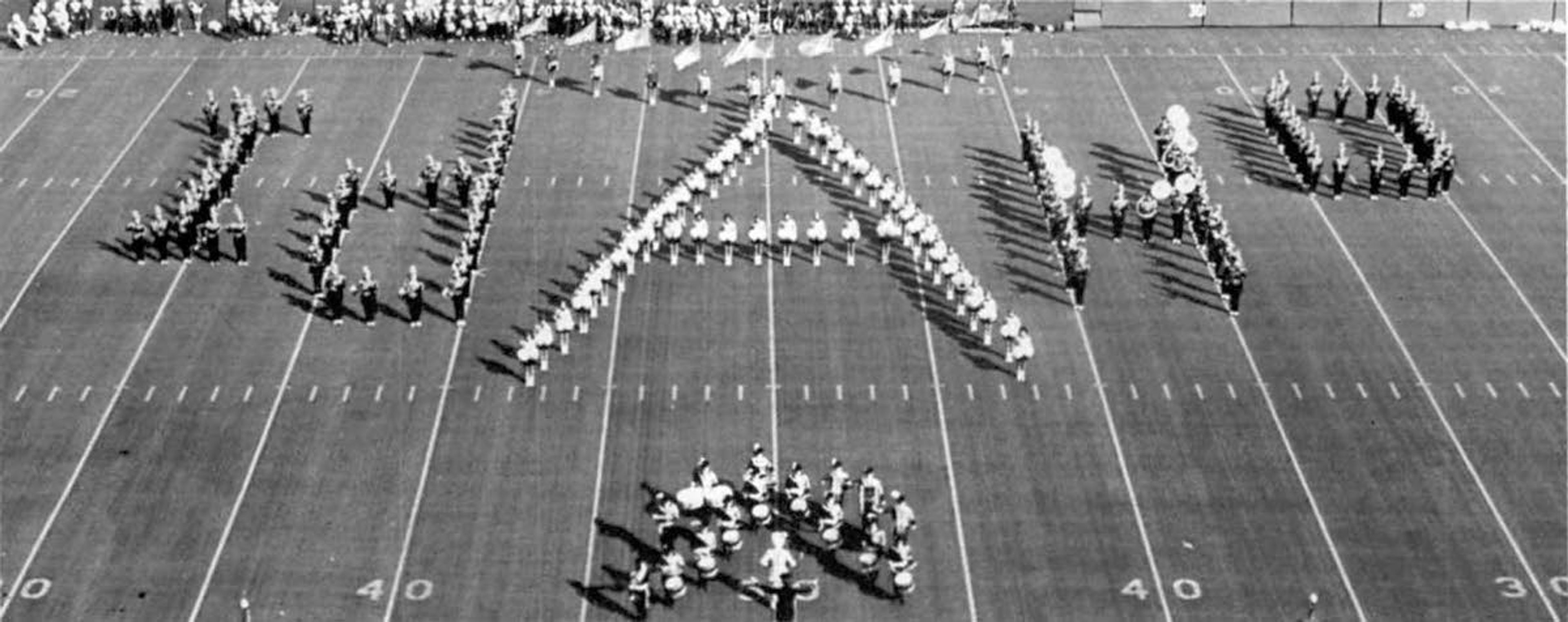 The University of Idaho Marching Band spells “Idaho” during halftime of a football game in the 1970 season. The photo appeared in the 1970-71 Gem of the Mountains yearbook.