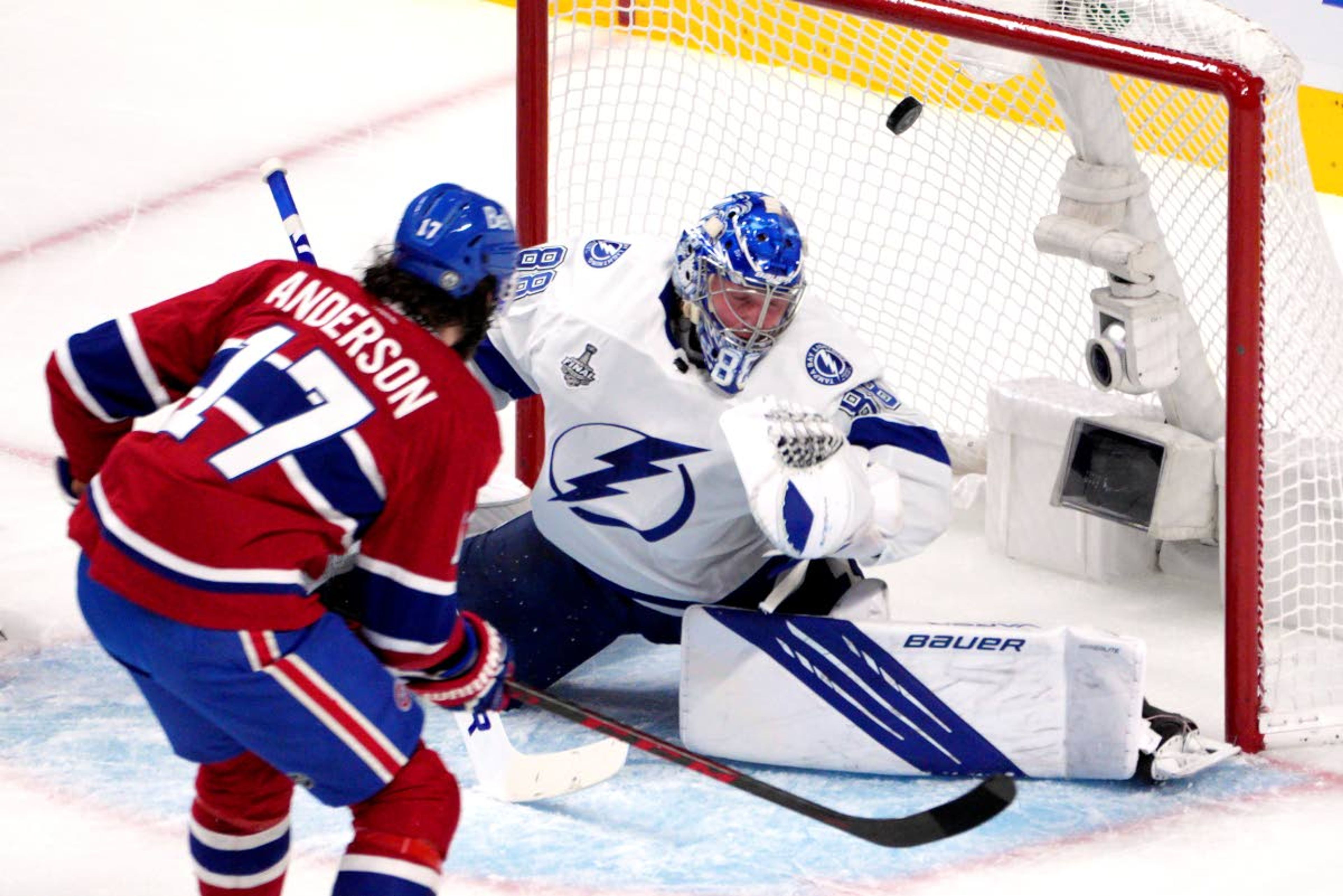 Montreal right wing Josh Anderson, left, scores past Lightning goaltender Andrei Vasilevskiy on Monday in the first period of Game 4 of the Stanley Cup Finals in Montreal.