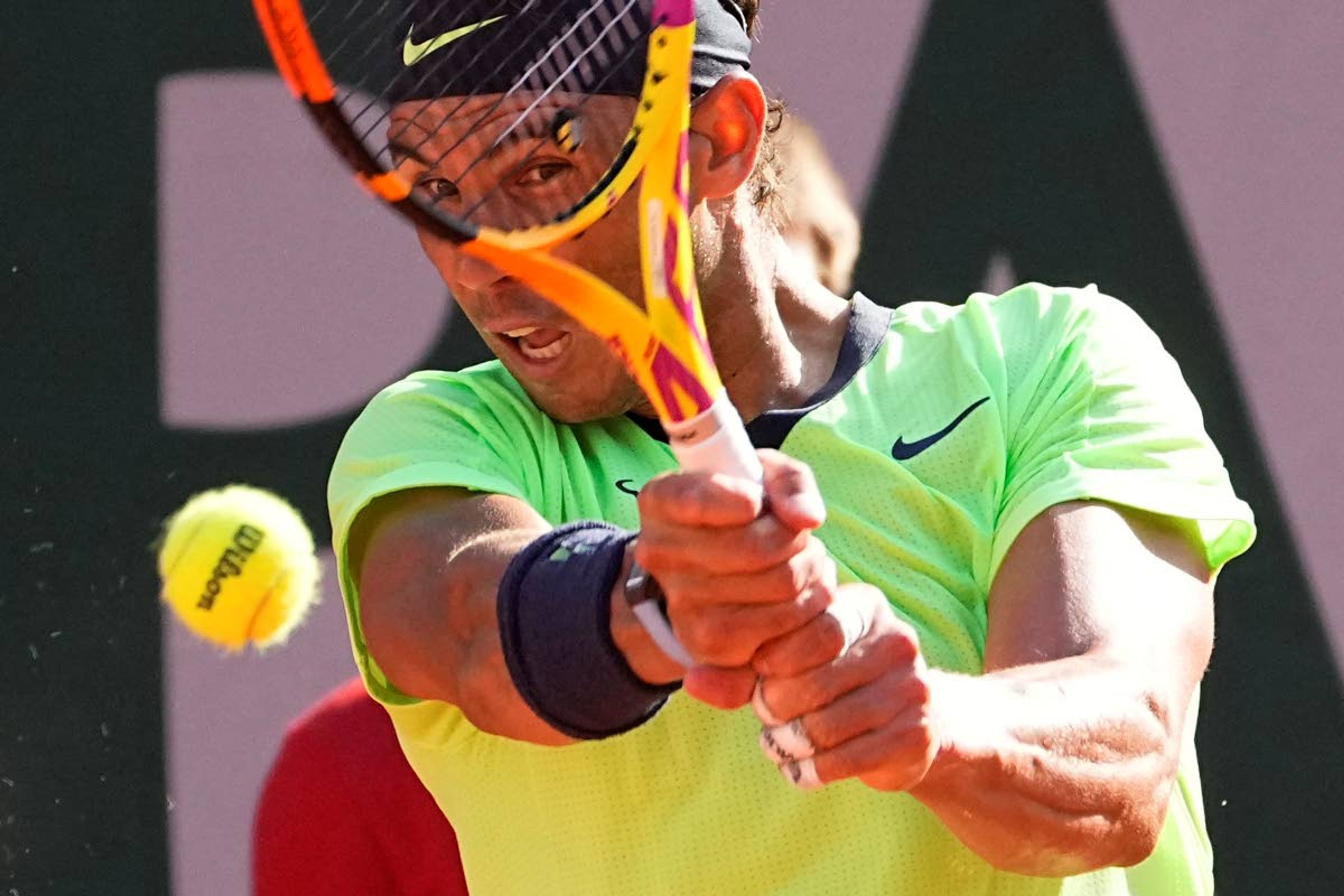 Spain's Rafael Nadal returns the ball to Argentina's Diego Schwartzman during their quarterfinal match of the French Open tennis tournament at the Roland Garros stadium Wednesday, June 9, 2021 in Paris. (AP Photo/Michel Euler)