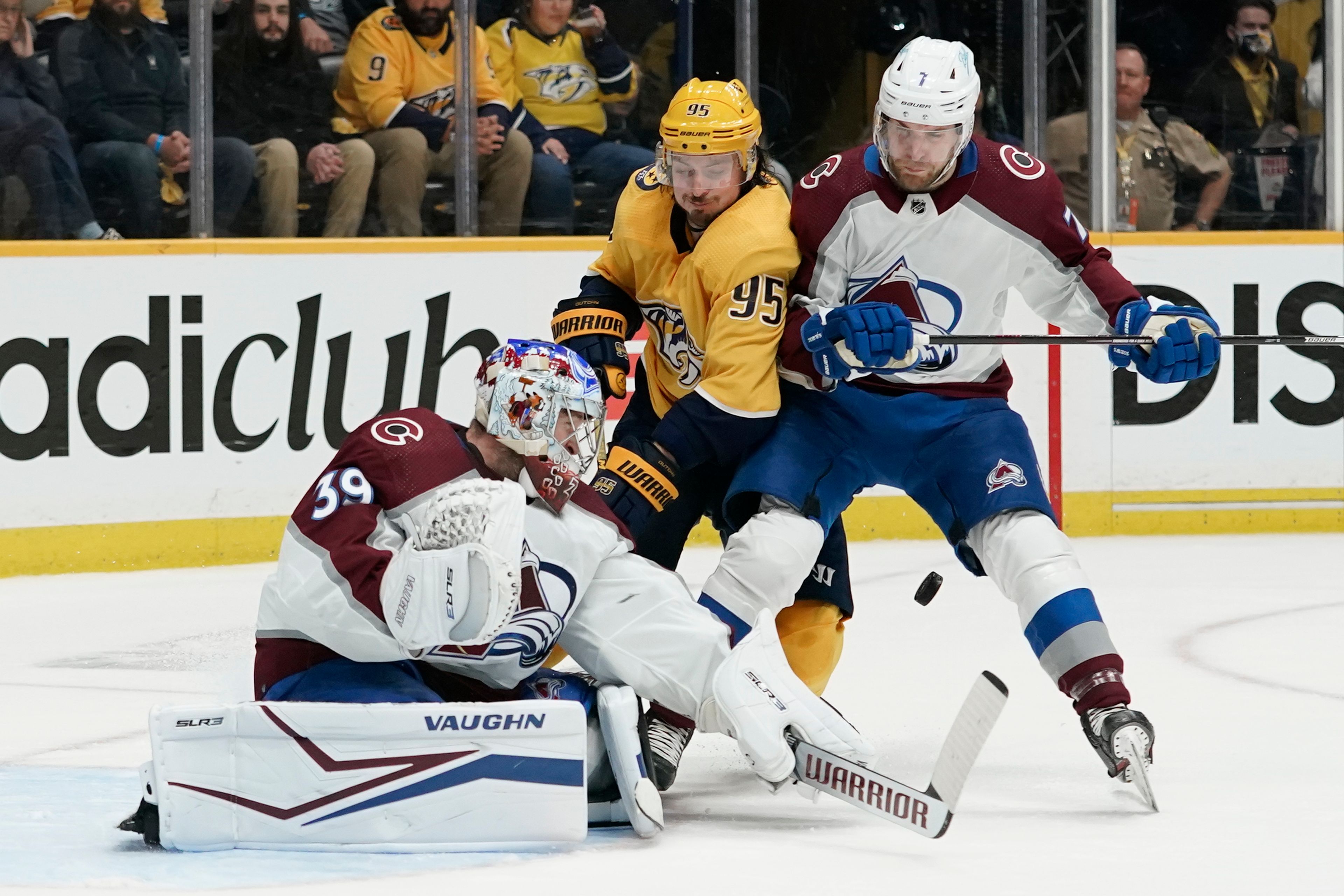 Associated Press Avalanche goaltender Pavel Francouz (39) blocks a shot as Devon Toews (7) blocks out the Predators’ Matt Duchene (95) during the second period in Monday’s Game 4 of their first-round playoff series in Nashville, Tenn.