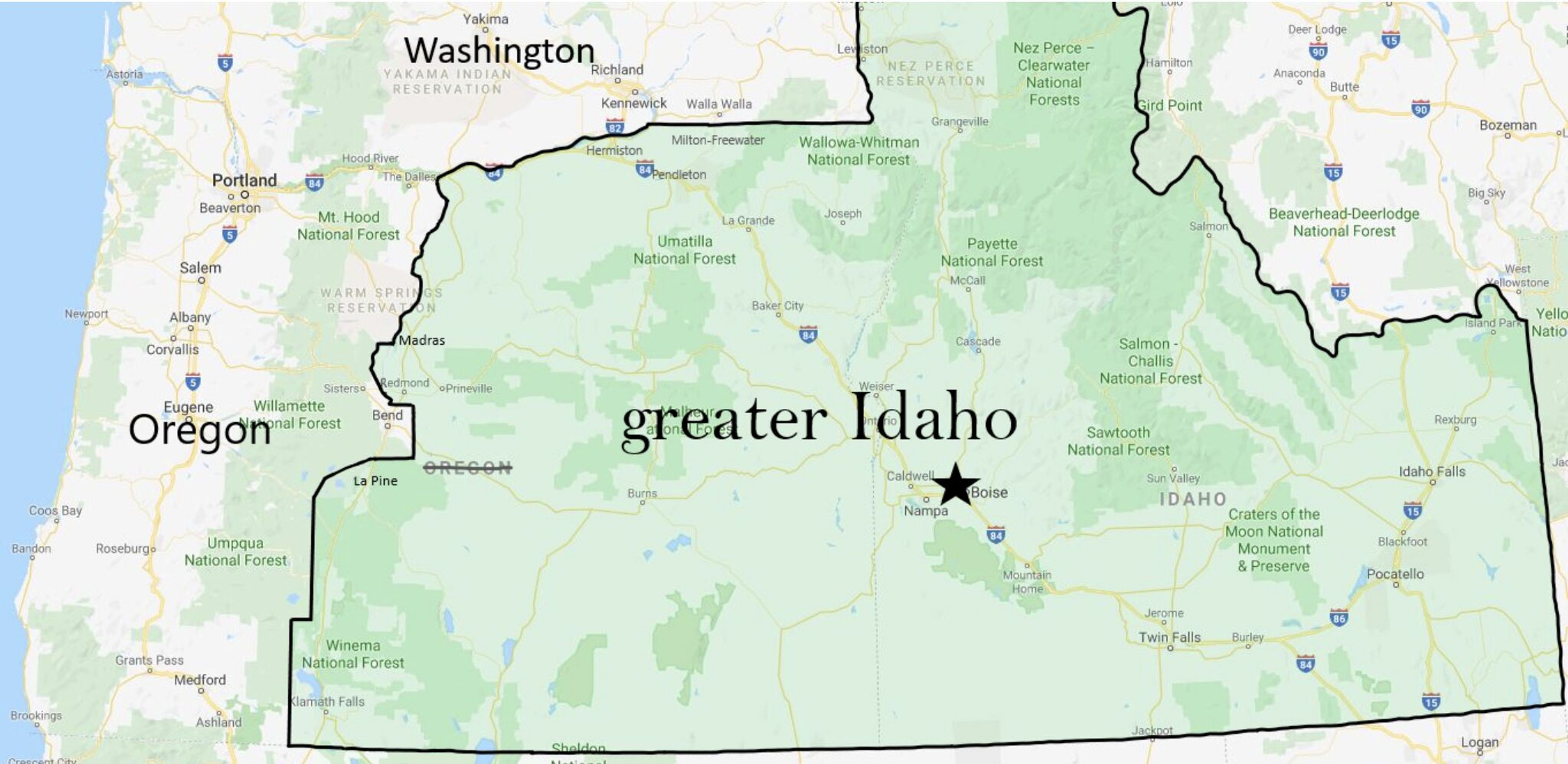 This map is one of the proposals put forth by those who support the "Greater Idaho" movement, which calls for eastern Oregon to become part of Idaho. This map and others are available at greateridaho.org.