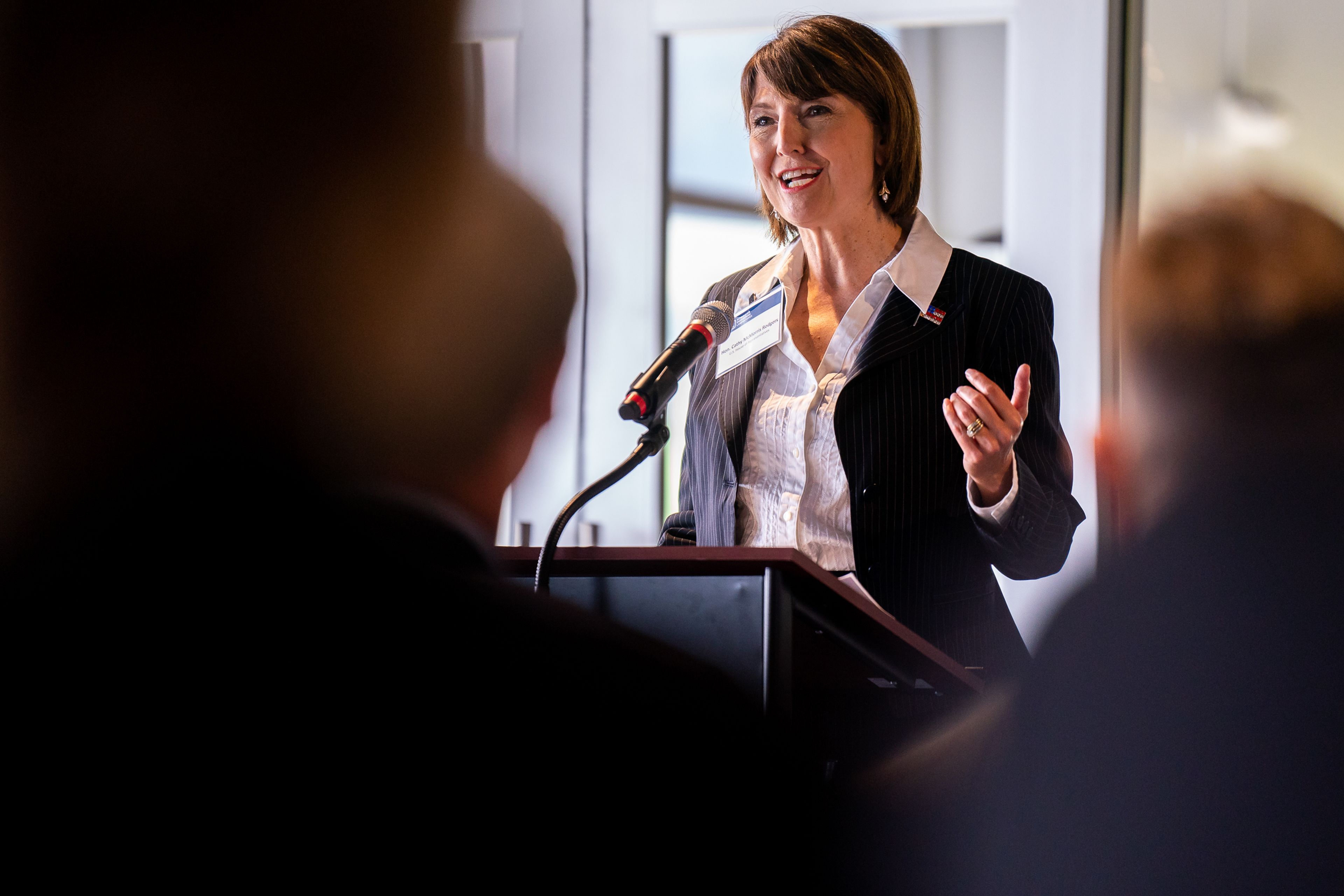 U.S. Rep. R-WA Cathy McMorris Rodgers speaks to the crowd during a ribbon cutting ceremony for SEL’s new printed circuit board factory in Moscow on Wednesday.