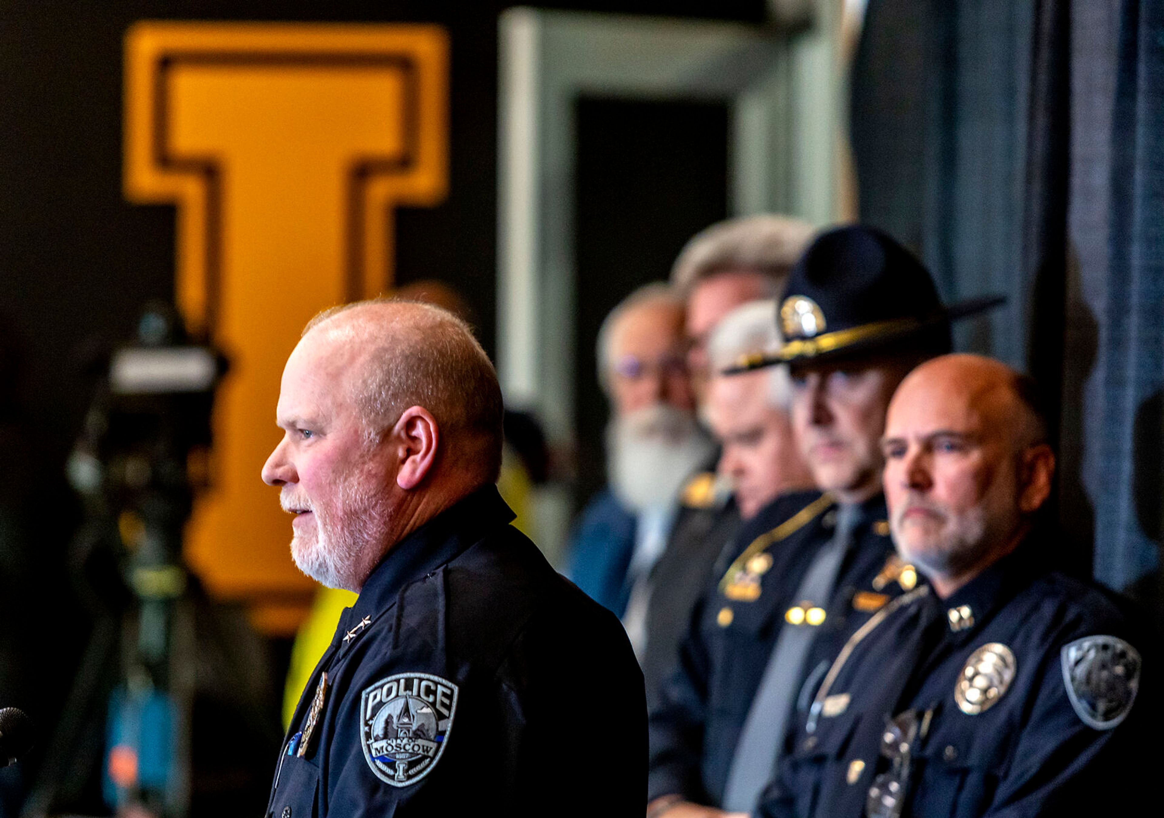 Moscow Chief of Police James Fry speaks at a press conference on the four-person homicide in Moscow at the ICCU Arena on Sunday.