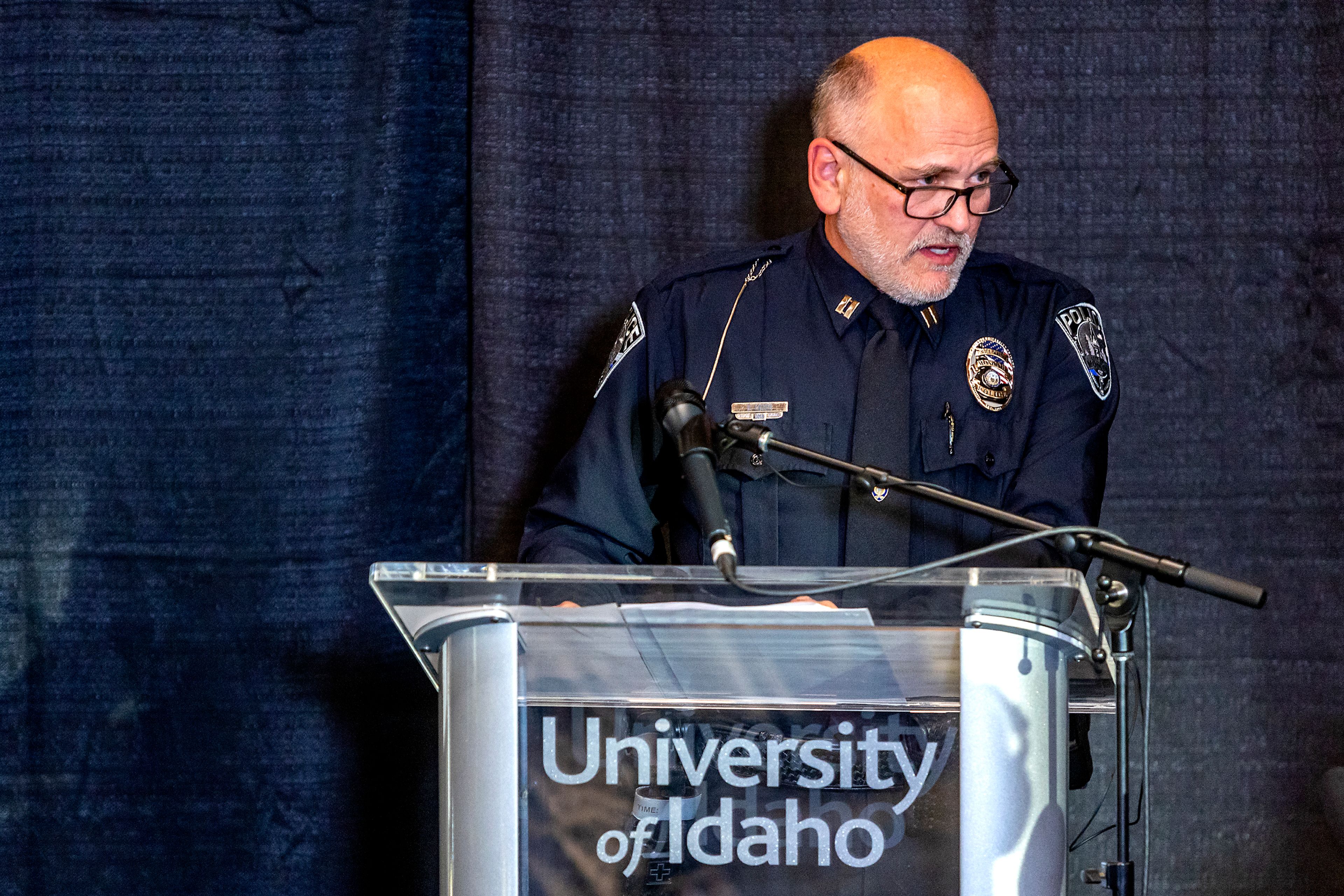 Moscow Police Cpt. Roger Lanier speaks at a press conference on the four-person homicide in Moscow at the ICCU Arena on Sunday.